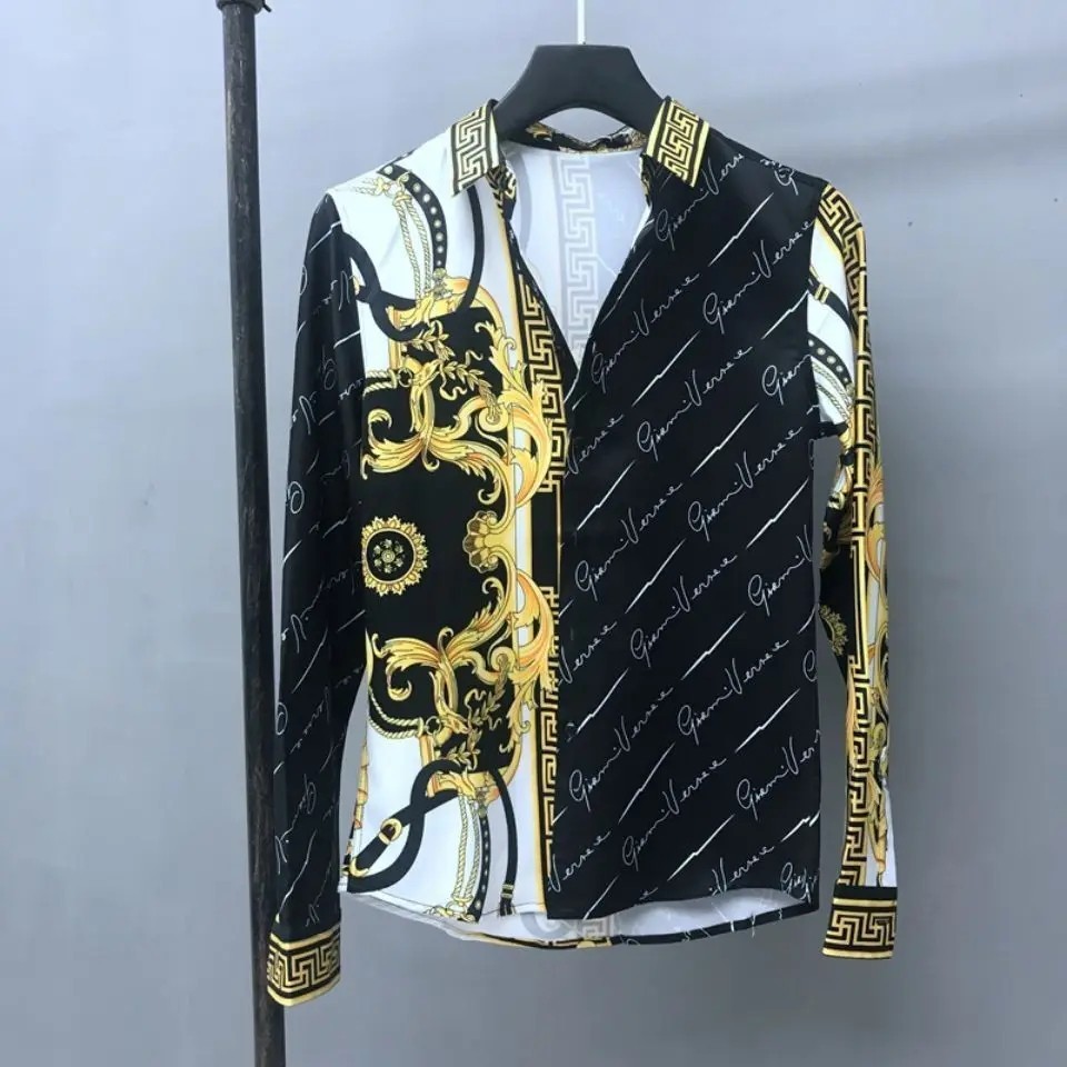 New Men Luxury Baroque Print Fashion Button Shirt Black White High Quality