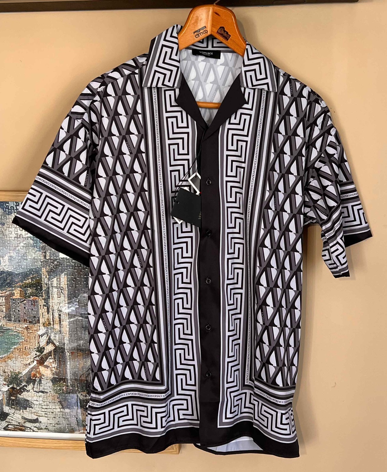 VERSACE Men’s V-Greca Shirt Medusa Button Down Thin Satin Shirt (No Custom Tax)