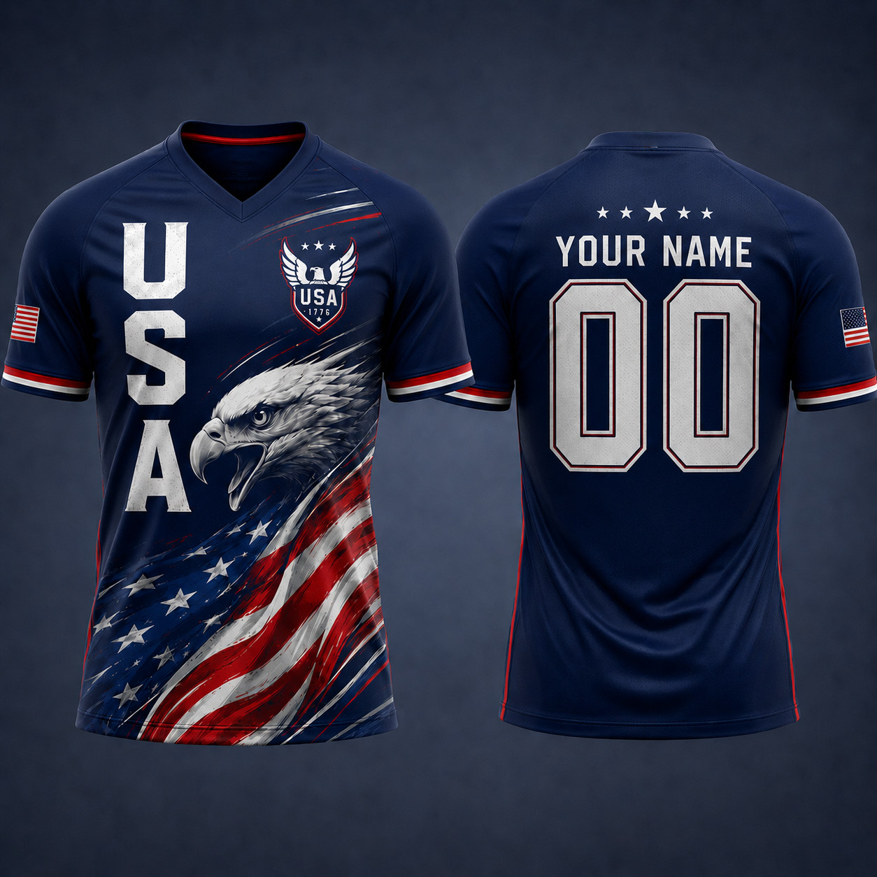 USA Bald Eagle Soccer Jersey Football Shirt V Neck American Flag Patriot Apparel