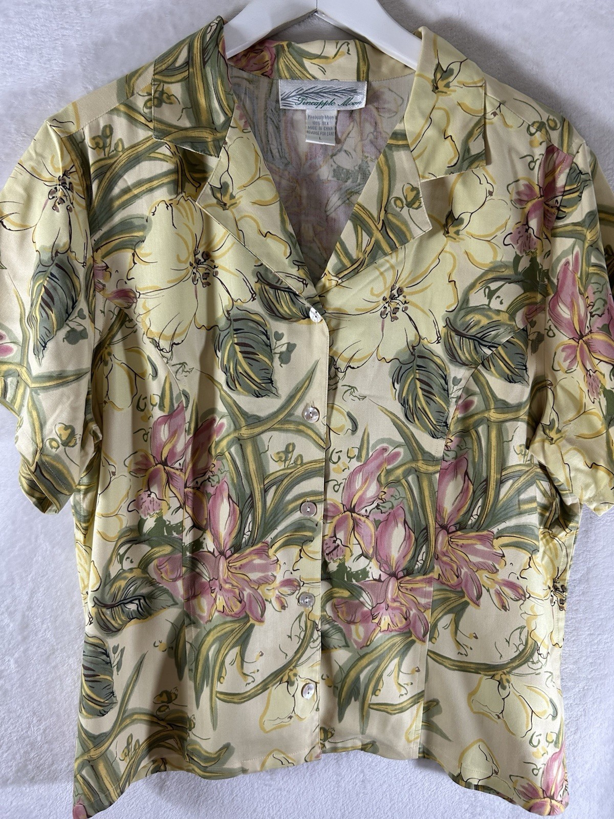 Vintage Hawaiian Pineapple Moon Women Large Shirt Silk Floral Free Shipping
