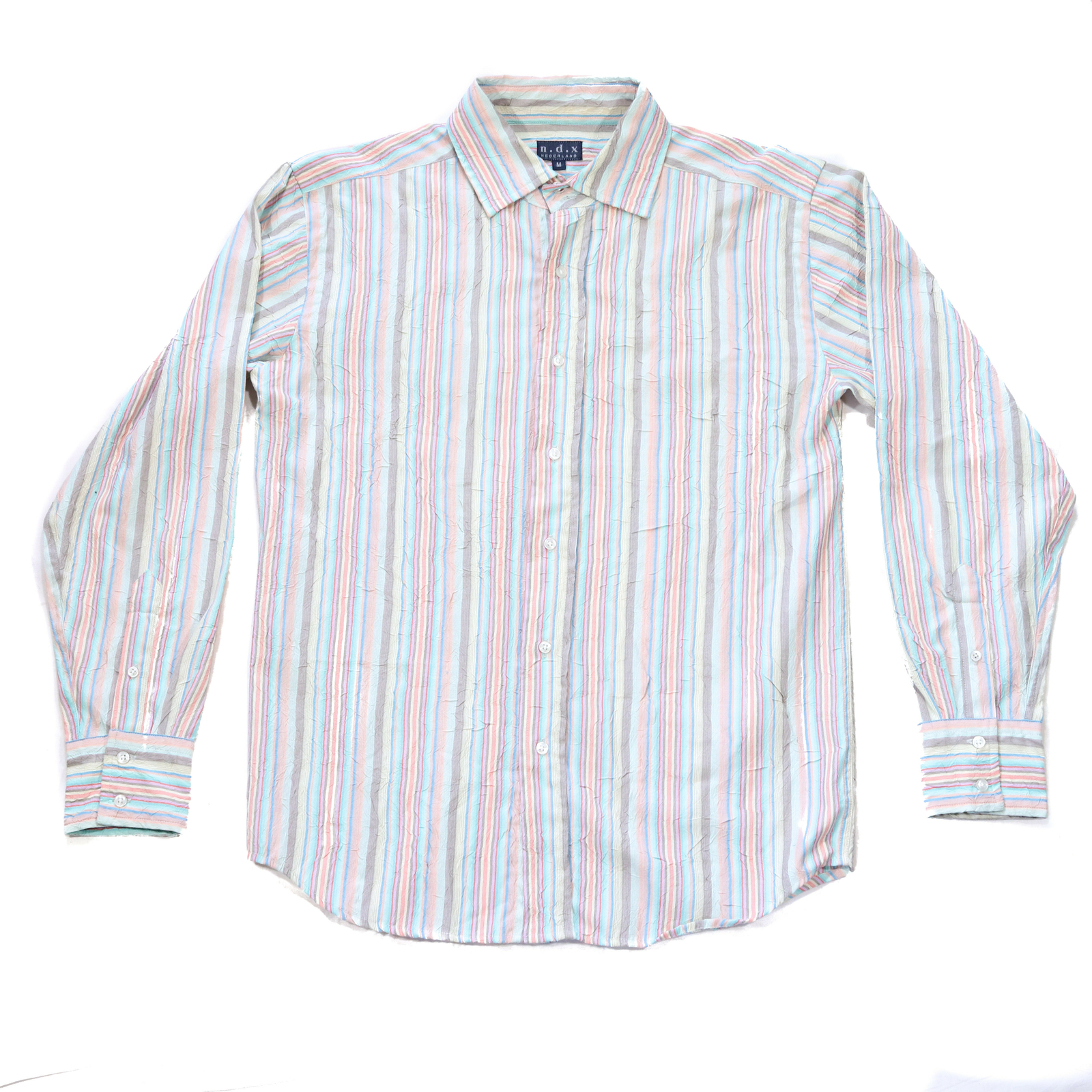 NDX Nederland Men’s Green Multicolor Striped Crinkle Button Up Shirt Size Medium