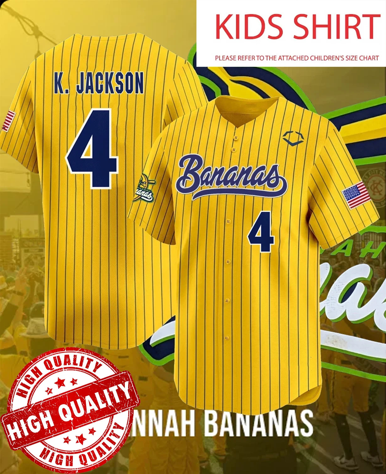 Savannah Bananas CUSTOM #4 KJackson Baseball Jersey AOP Kids Youth 1J0609