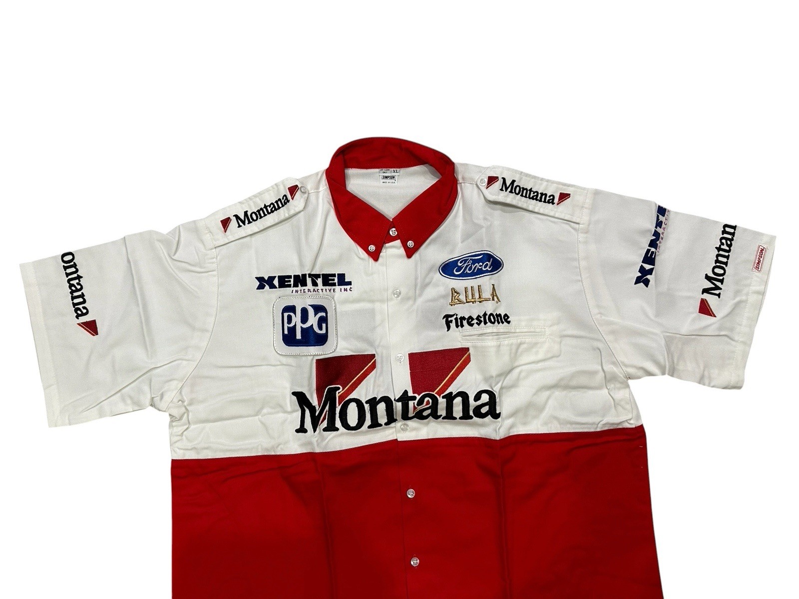 Vintage Simpson Pit Crew Button-Up Shirt Made In USA Firestone Montana Bula L