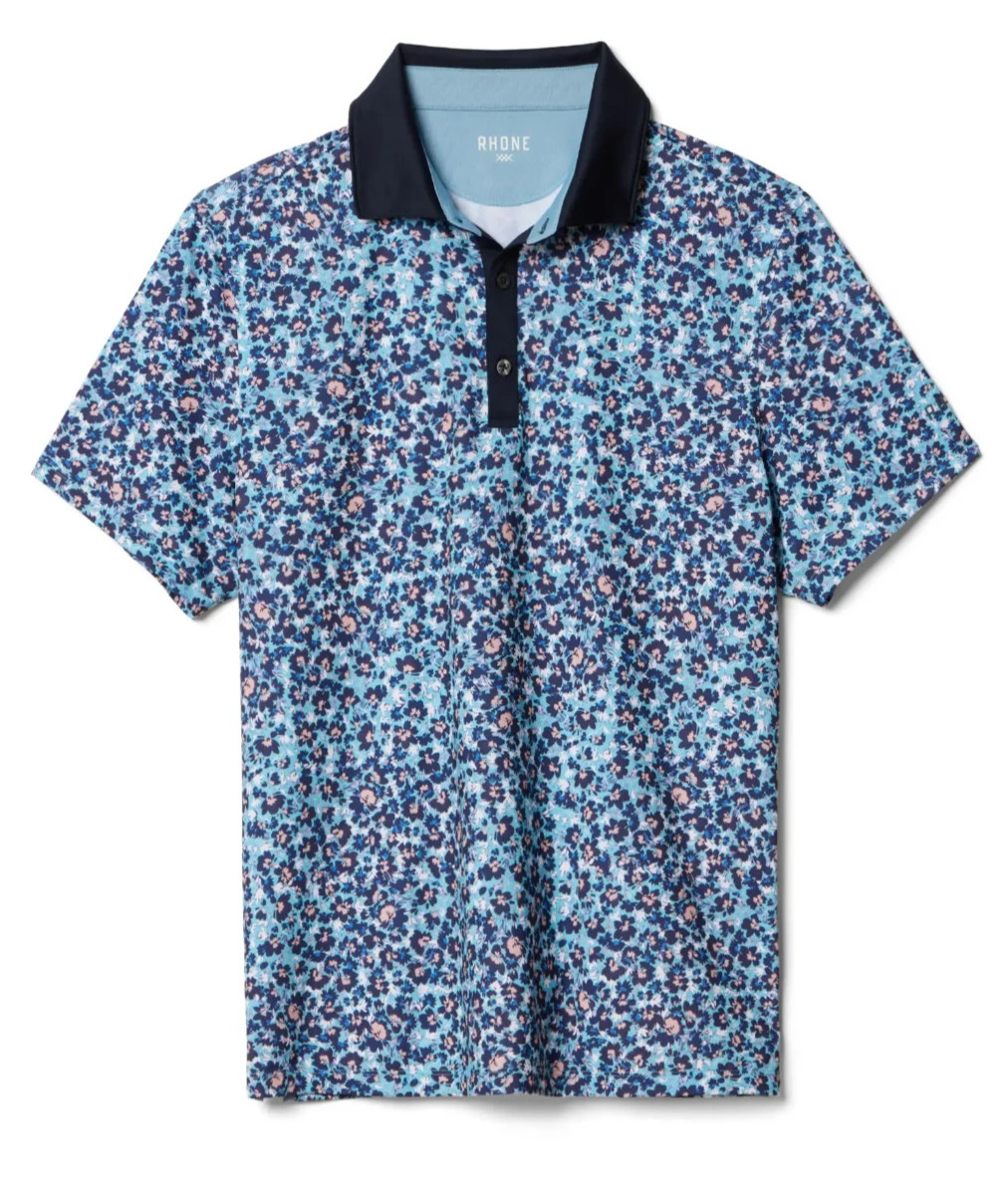 Rhone Golf Sport Polo Shirt Blue Sea Jet Floral Men’s SZ L UPF Wicking Anti Odor