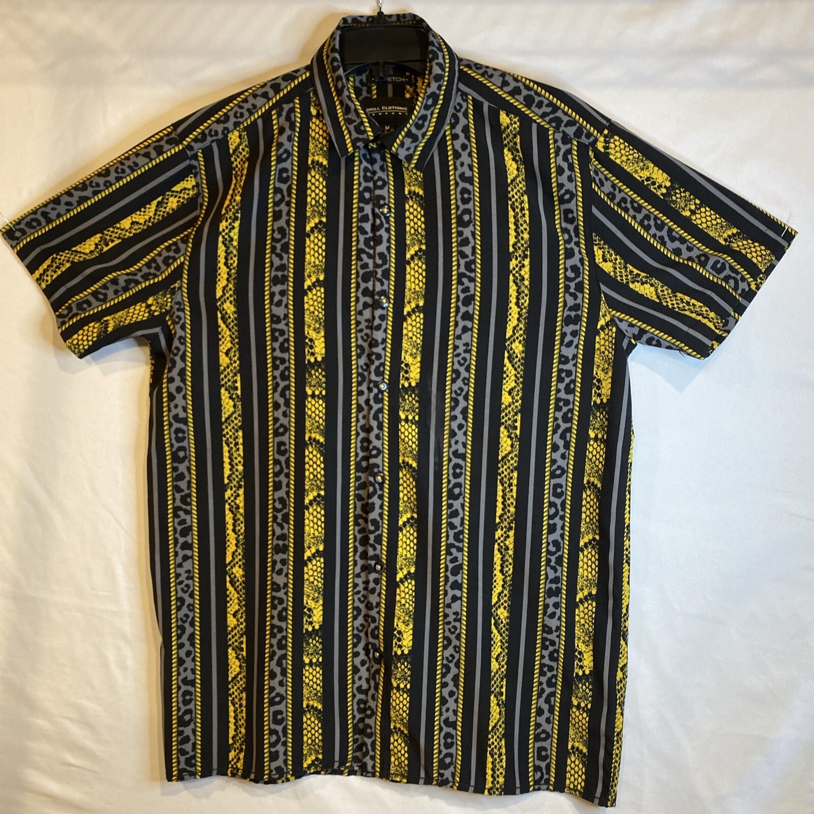 Stretch Drill Clothing Animal Print Mens Dress Shirt Black Yellow Grey Size M