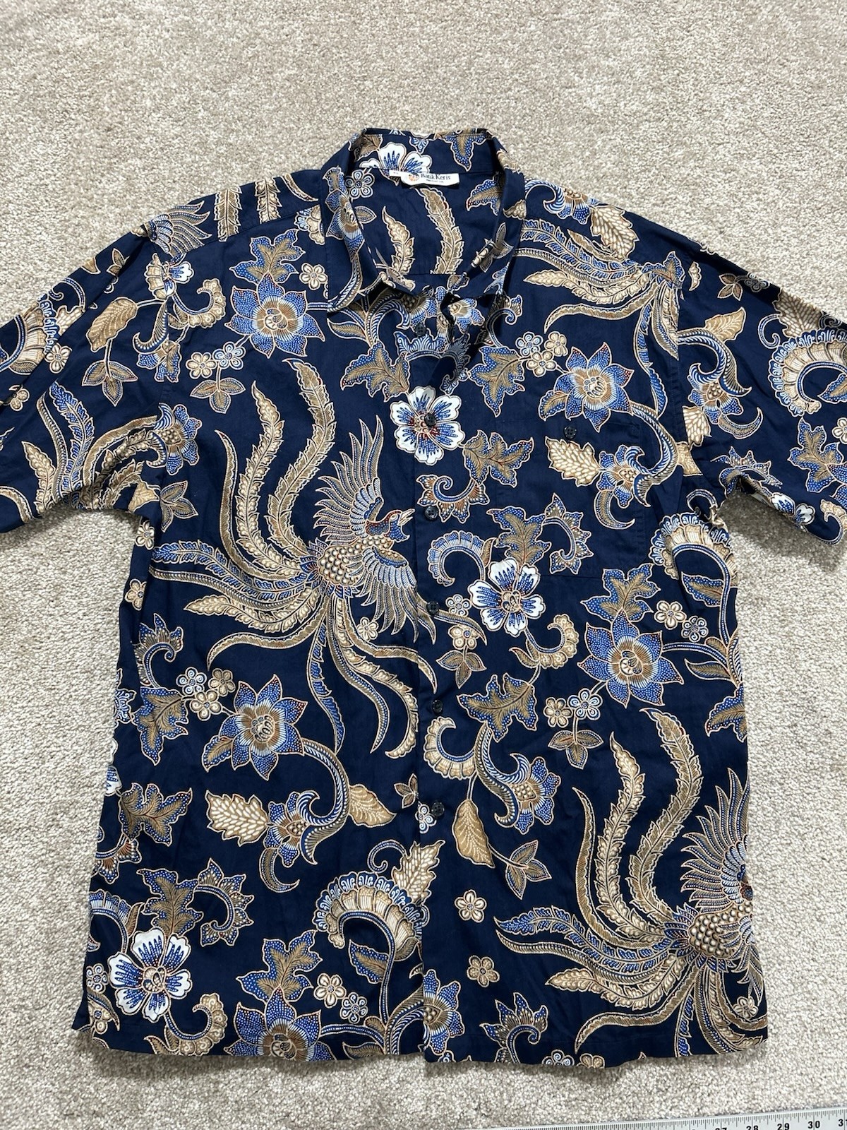 Vintage Batik Keris Men’s XL Shirt Short Sleeve Button-Up Bird Hawaiian Blue