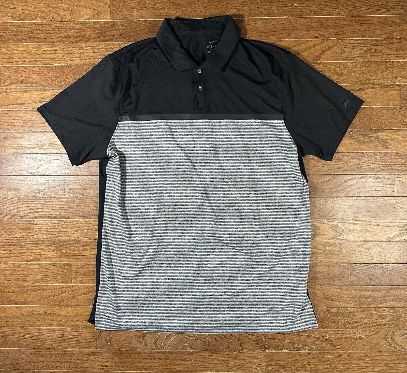 Nike Dri Fit Polo Large Gray Black Stripe Mens Short Sleeve Collared Golf Shirt