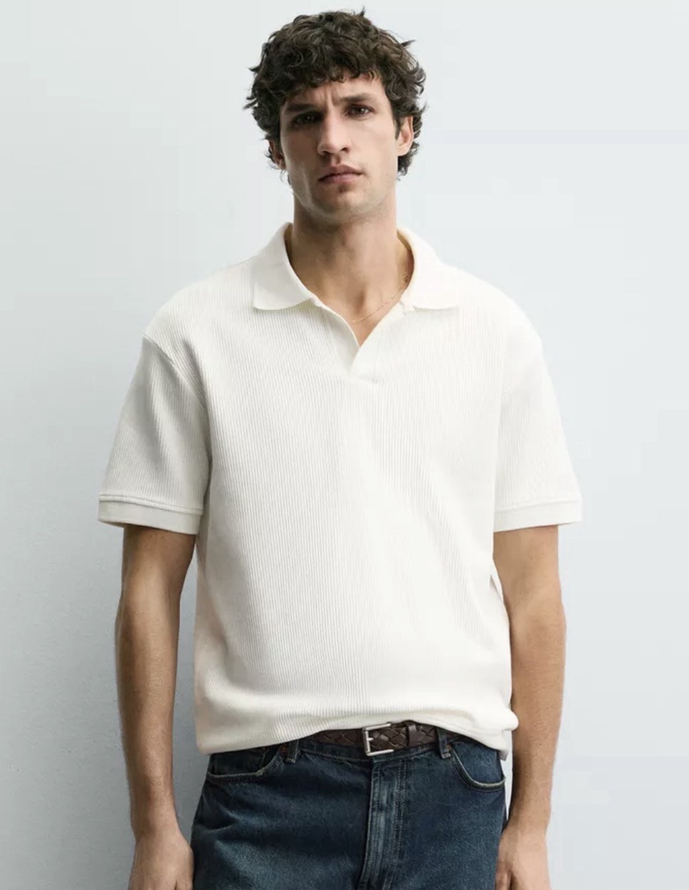 Zara Men’s White Ribbed Knit Polo Shirt Size S Short Sleeve Collared Pullover
