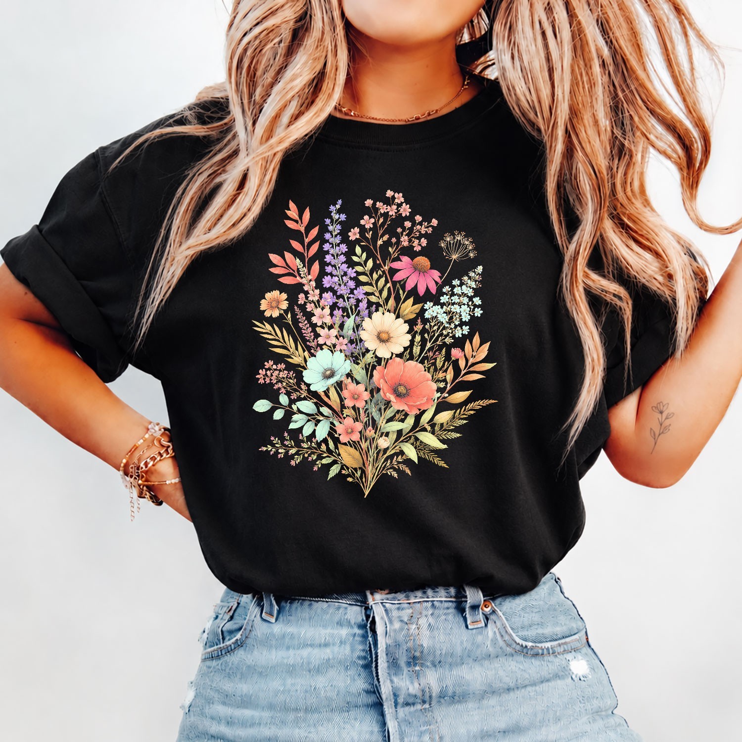 Colorful Flowers Floral Print Spring Season Women Garden Party Casual Tee Shirt