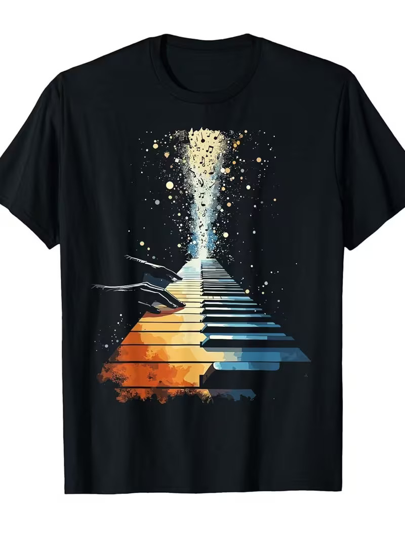 Men’S Black Piano Keyboard Graphic T-Shirt – Vibrant Grand Piano & Music Notes P