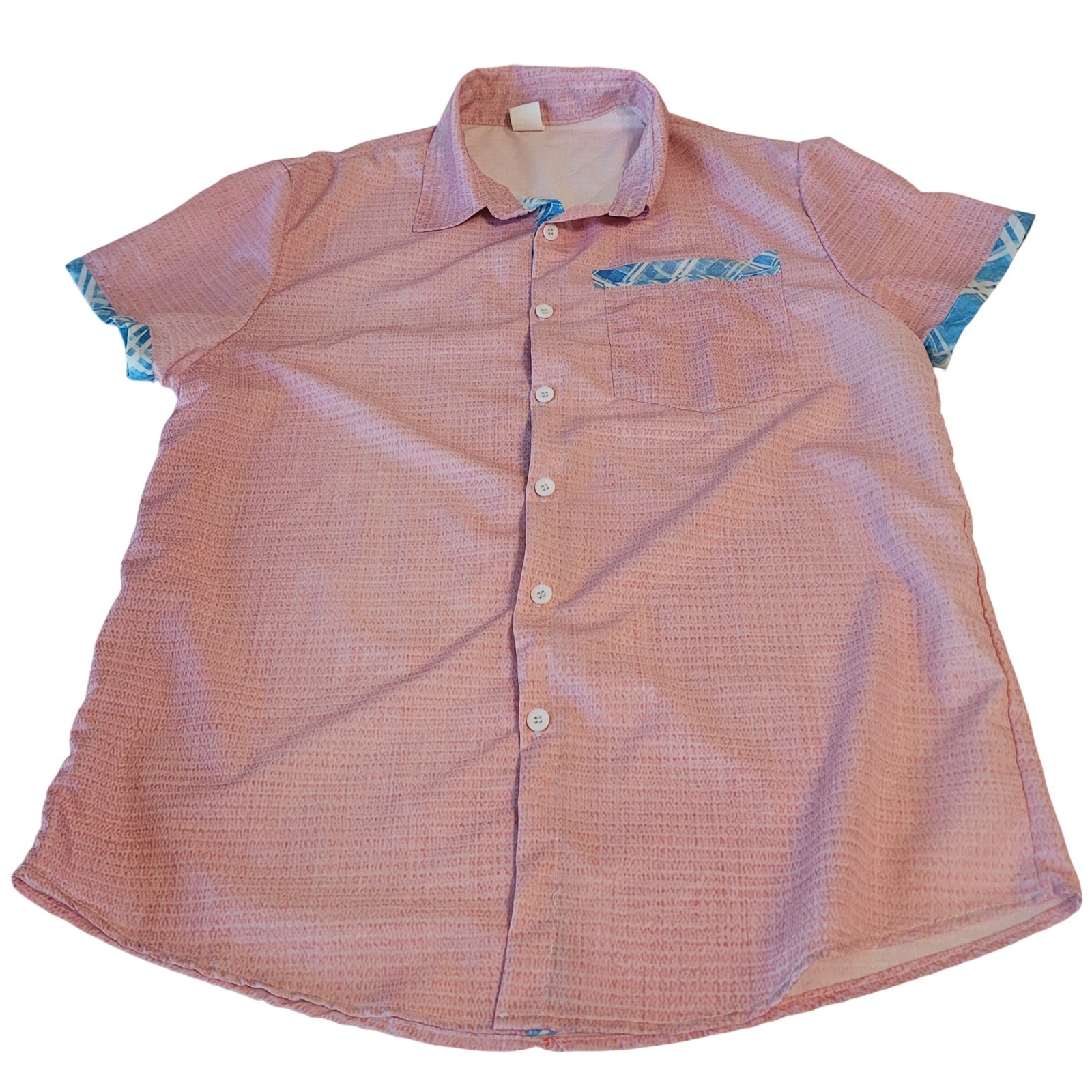 Unbranded Short Sleeve Button Down Men Medium Pink Plaid Trim Textured Shirt