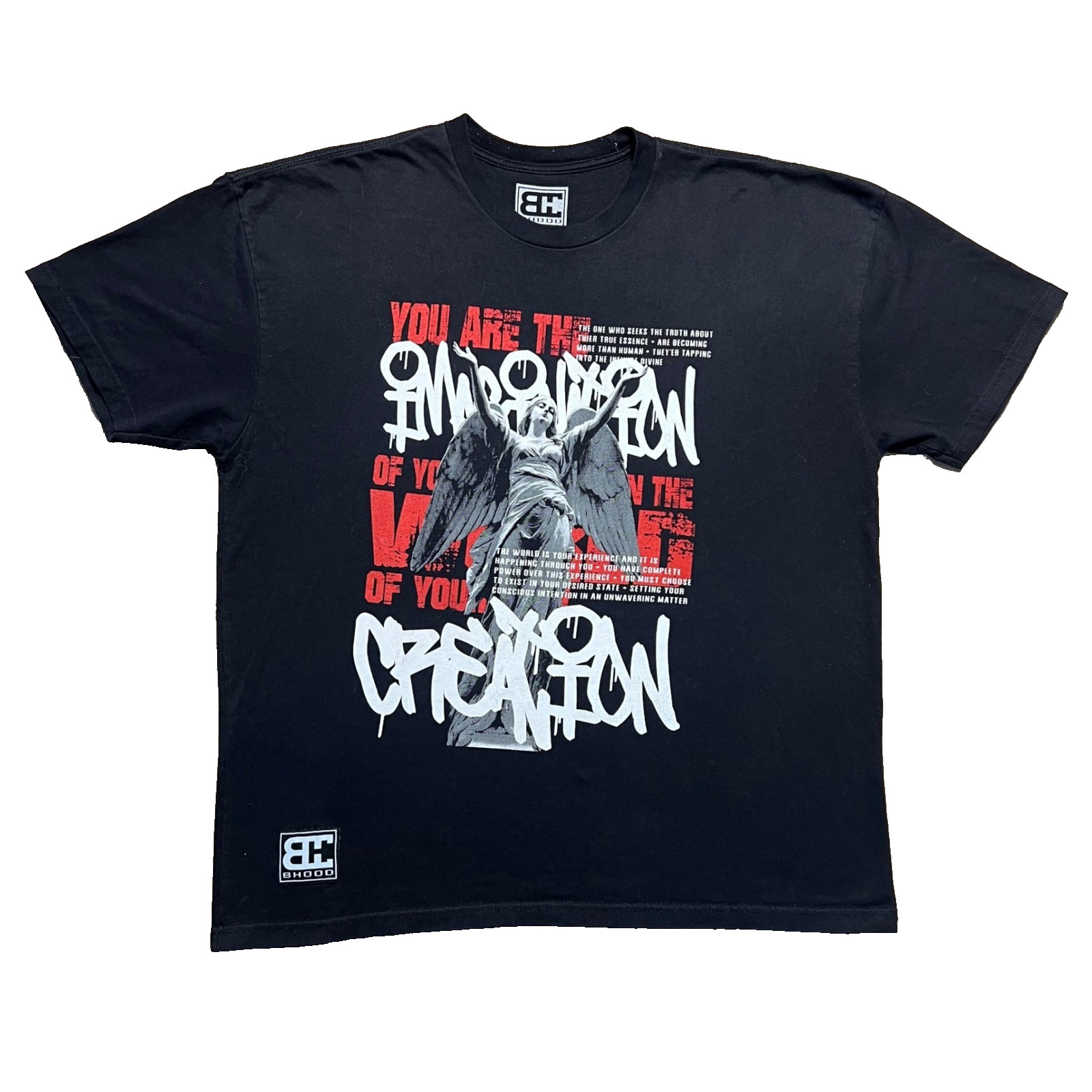 BHOOD Mens XL Black Oversized Cotton Graphic Angel T Shirt Streetwear Back Hit