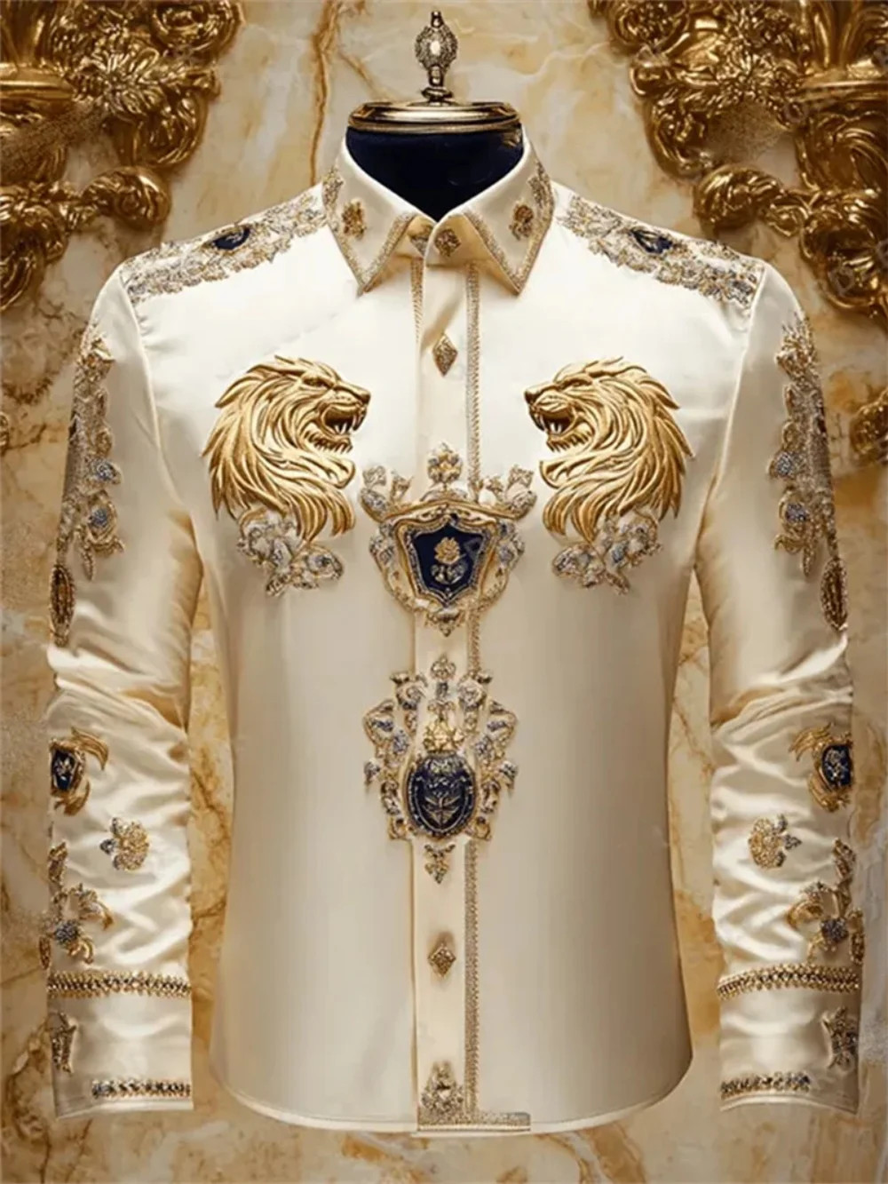 Men’s Luxury Baroque Lion 3D Print Long Sleeve Button Up Shirt Floral Casual Top