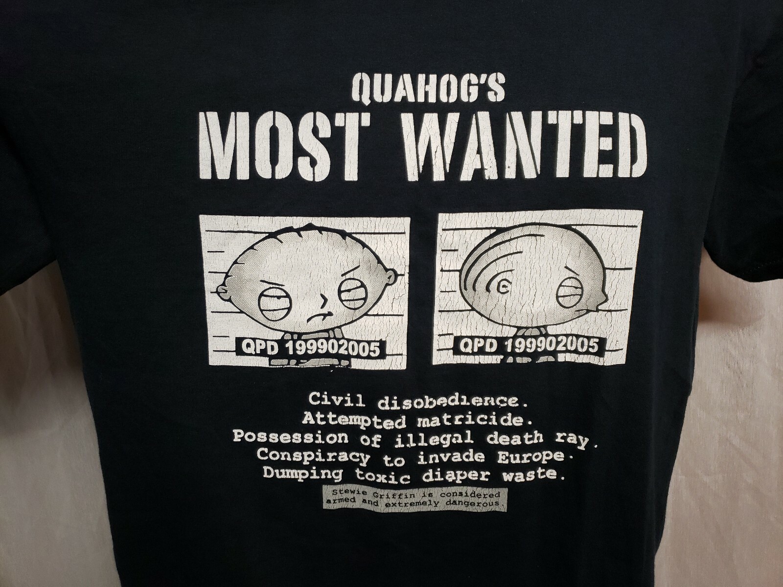 Stewie Griffin Quahogs Most Wanted Adult Medium Black TShirt