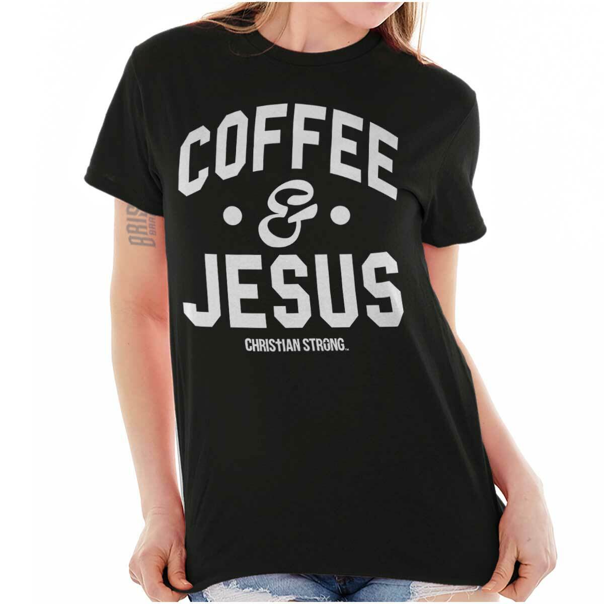 Christian Strong Faith Coffee and Jesus Pray Womens Graphic Crewneck T Shirt Tee