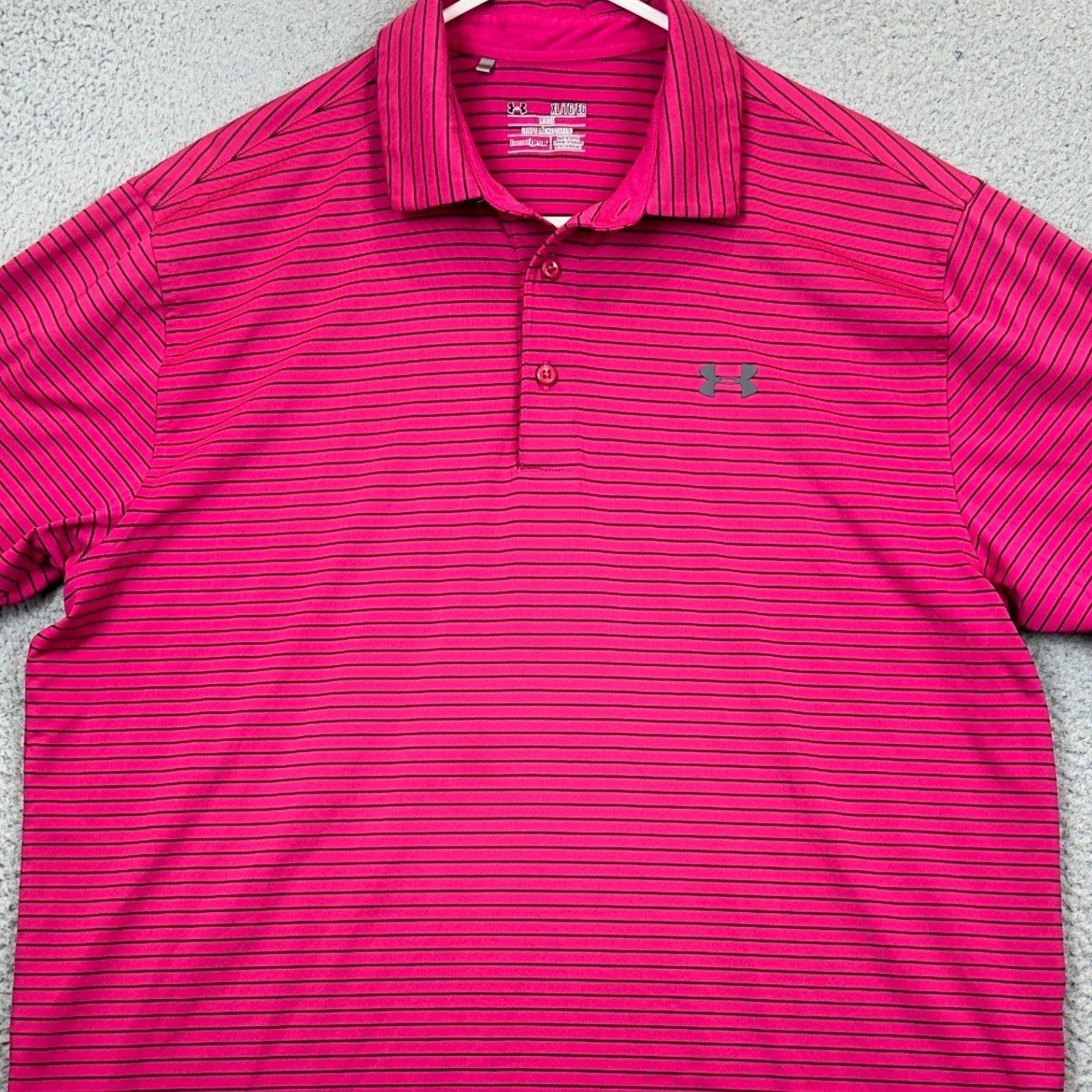 Under Armour Polo Shirt Mens XL Hot Pink HeatGear Striped Loose Fit Golf Rugby