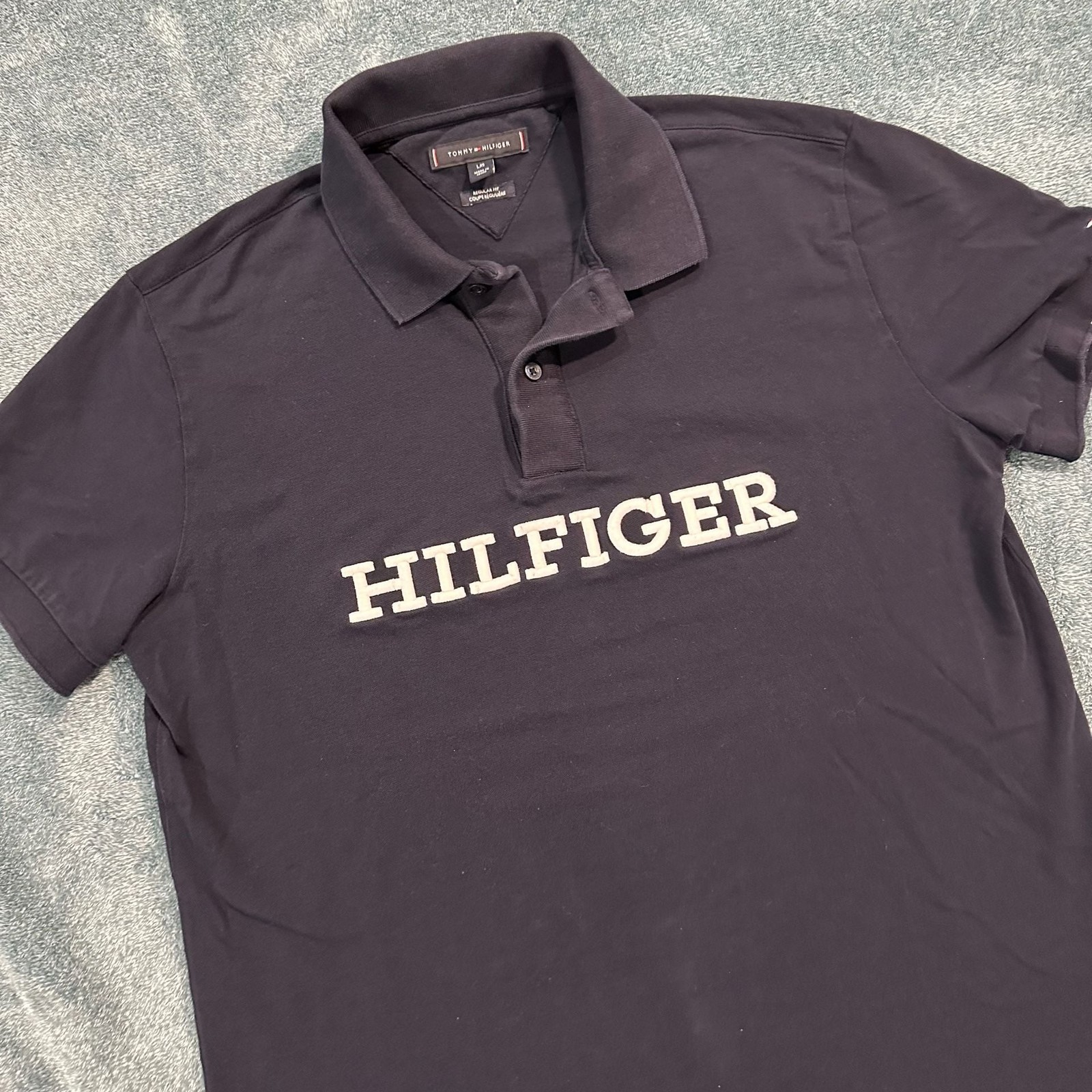 Tommy Hilfiger Spell Out Logo Polo Shirt Navy Blue Size Large