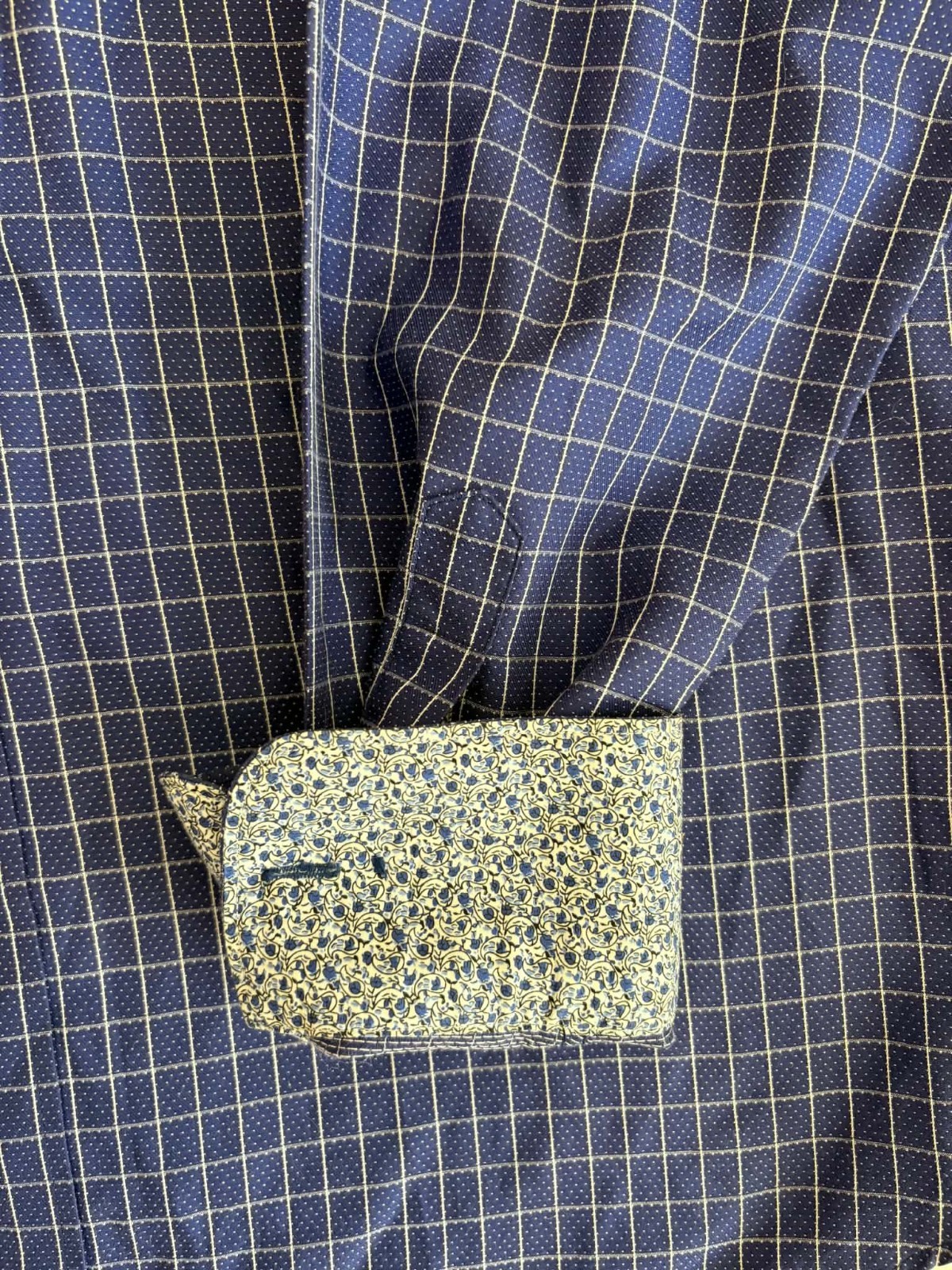 Bugatchi Shaped Fit XL Blue/White Check Dress Shirt 34/35 Contrast Trim