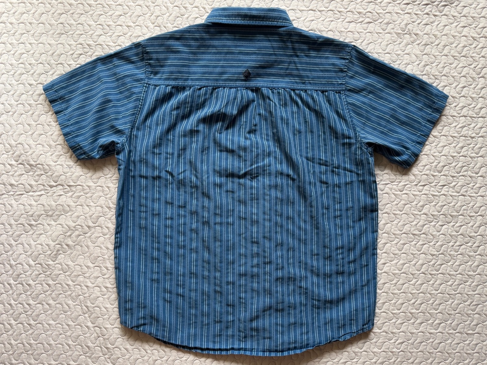 Prana Men’s Button Down Large 65% Org. Cotton 35% Polyester Blue Vertical Stripe