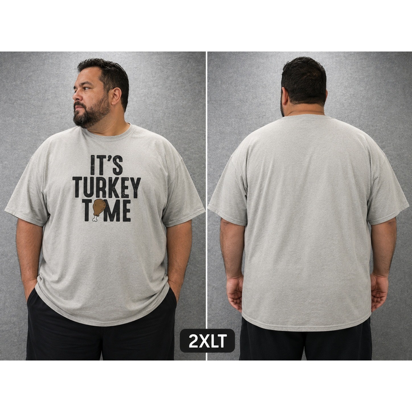 Instant Message Graphic T-Shirt Men 2XLT Gray It’s Turkey Time Thanksgiving Tee