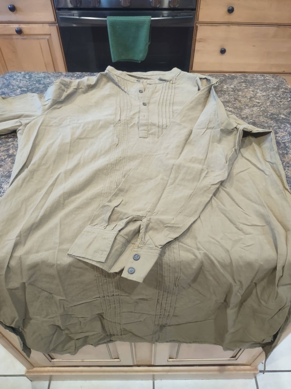 Men’s Cotton Beige Solid Band Collar Long Sleeve Button Front Woven Shirt