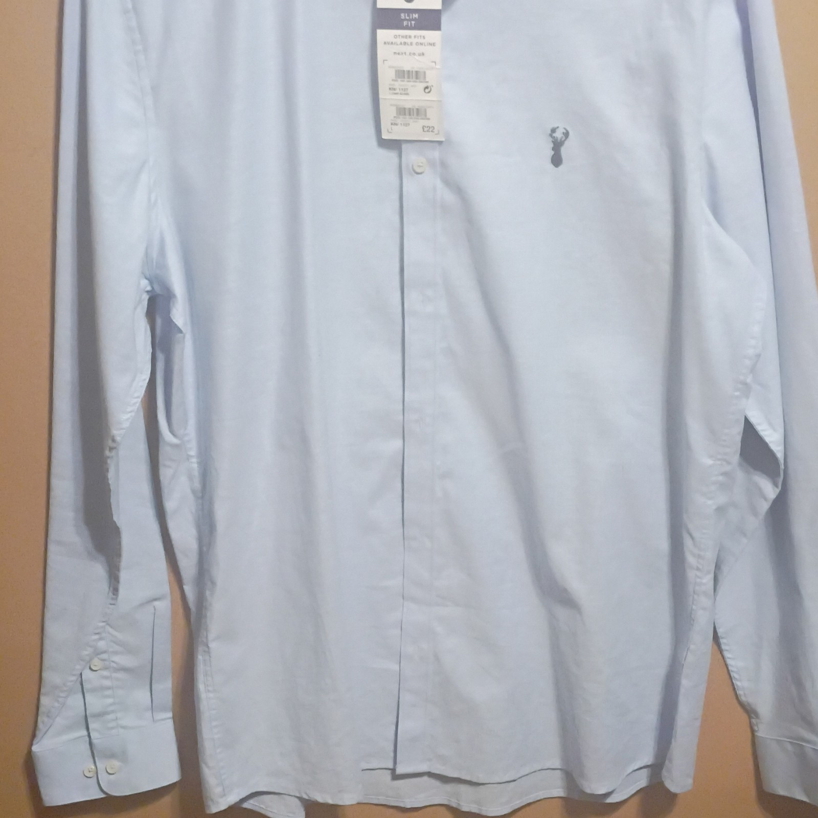 Next Men’s Solid Blue Slim Fit Long Sleeve Button-Up Point Collar L Woven