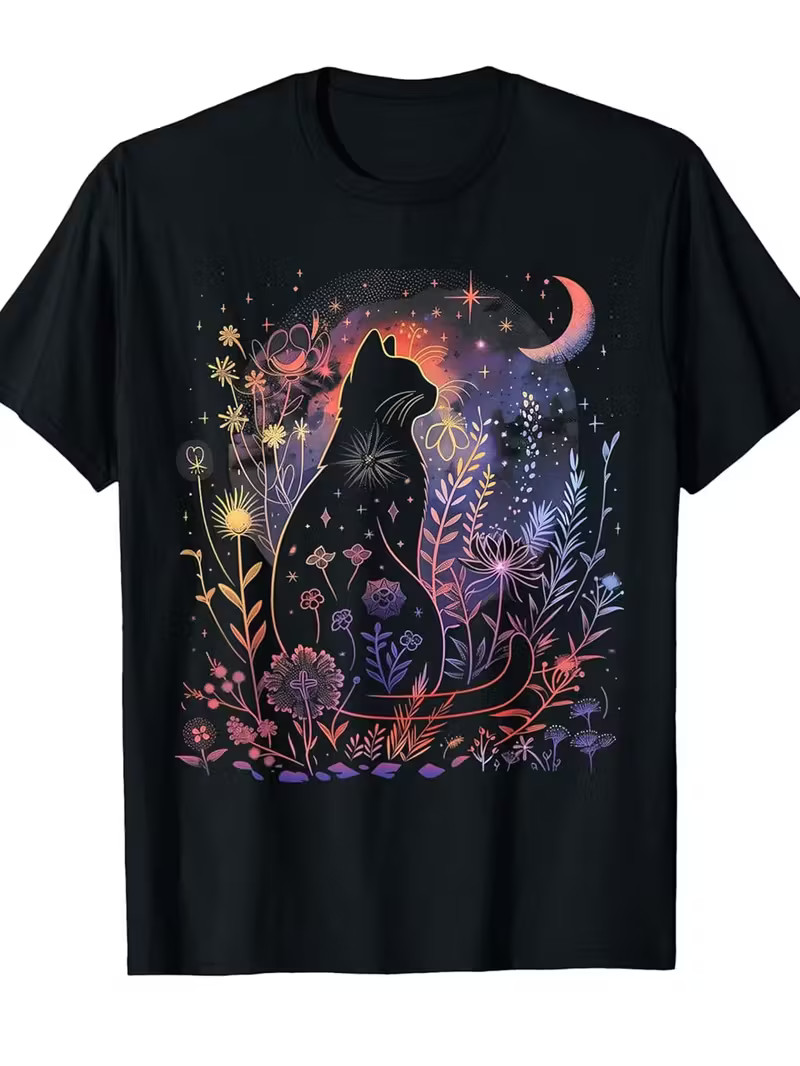 Men’s & Women’s Gothic Black Cat & Moon T-Shirt – Mystical Night Sky Design with