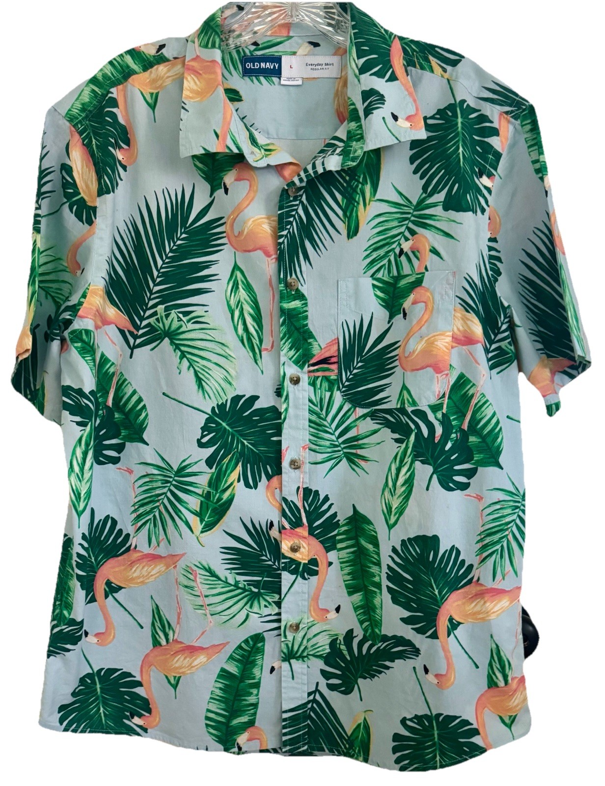 OLD NAVY Everyday Hawaiian Shirt Flamingo Tropical Print 100% Cotton (L) NWOT