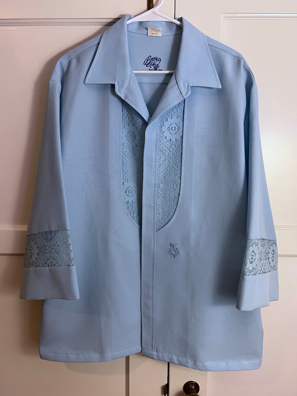 IOLANI Vintage Beau Tiki Hawaiian Wedding Shirt Lace 3/4 Sleeve Blue Men’s XL