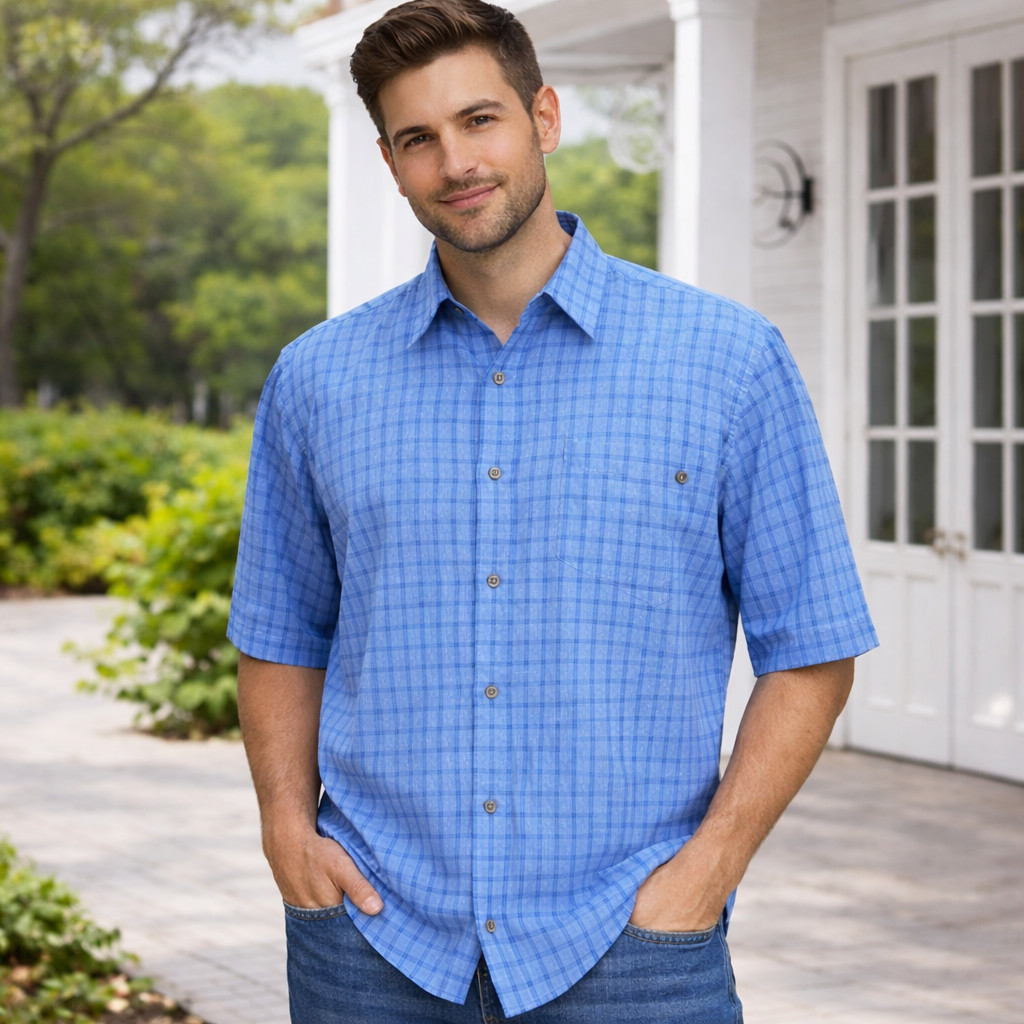 Marmot Dress Shirt Men XL Button-Up Blue Plaid Short Sleeves Rayon Soft Office