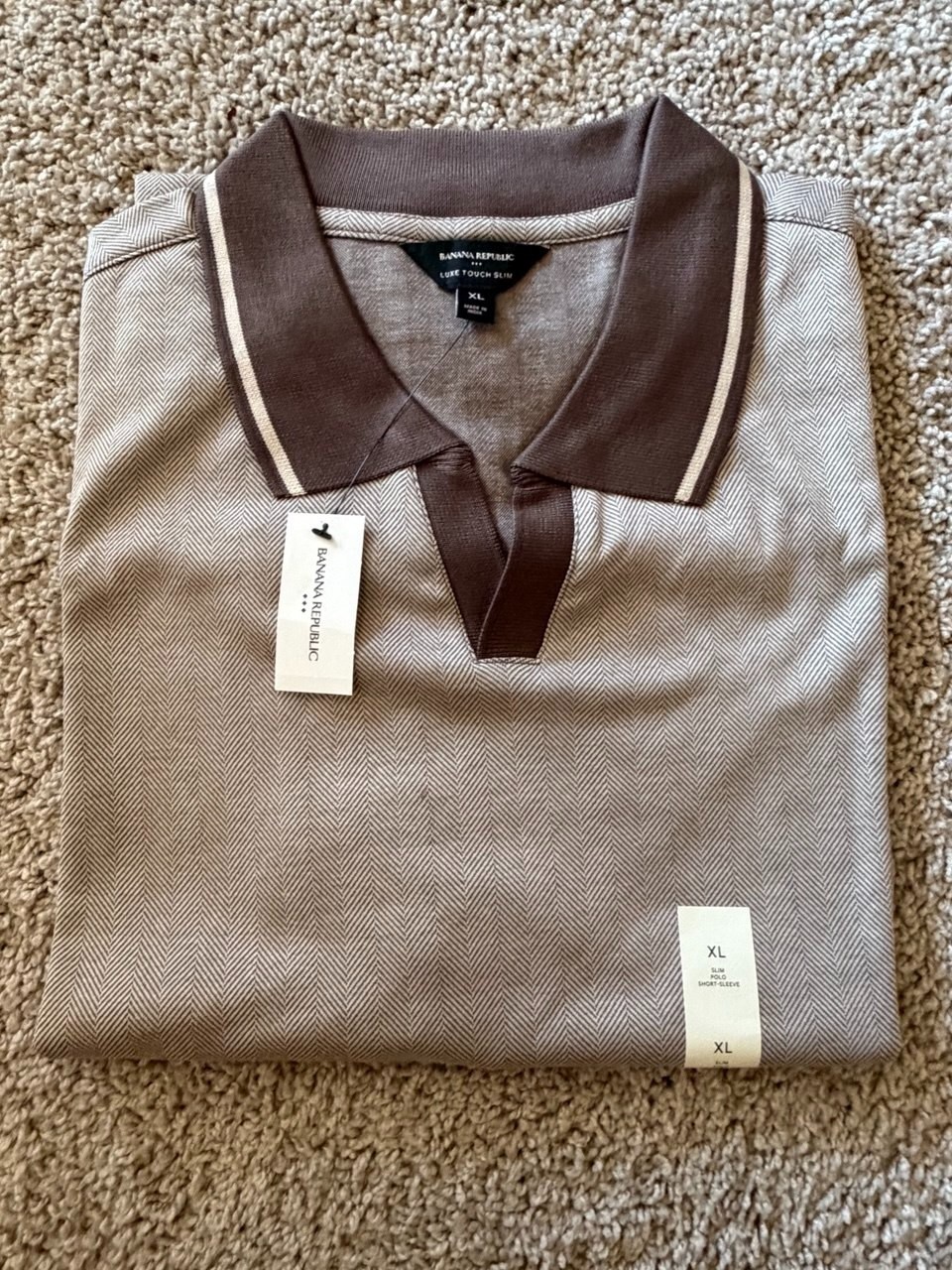 Banana Republic Men’s Luxe Touch Slim Polo Shirt Herringbone Chevron Brown XL NW