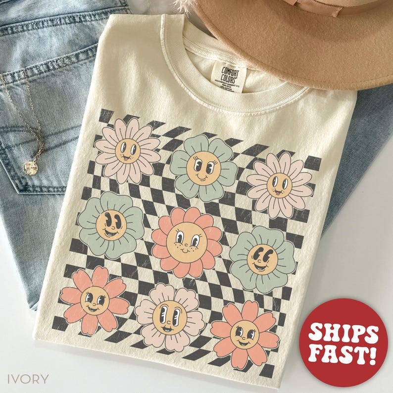 Retro Checkered Flower Shirt, Boho Flowers Shirt, Boho Floral T Shirt, Boho Hipp