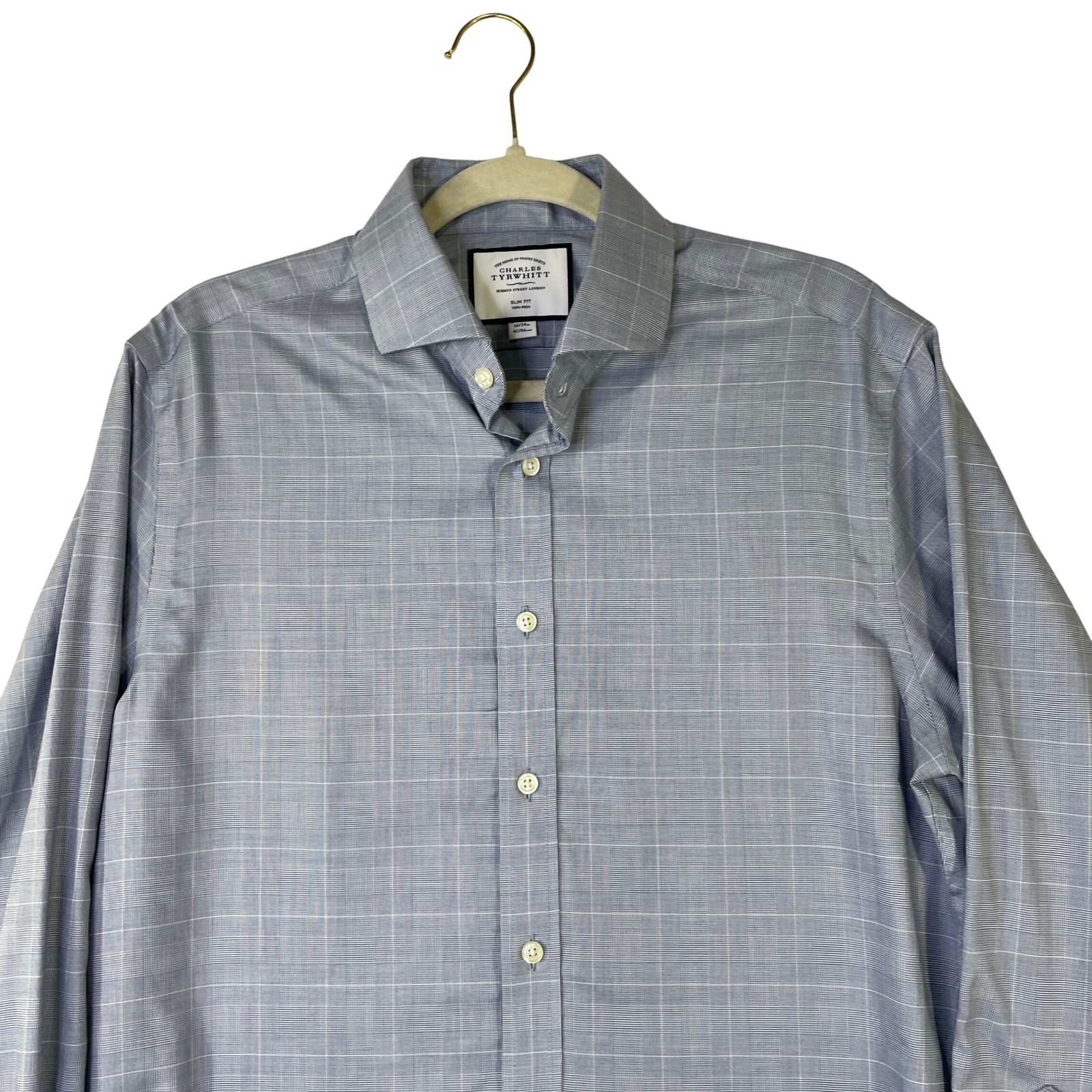 Charles Tyrwhitt Slim Fit Non-Iron Dress Shirt Blue Glen Plaid 16/34 41/86cm