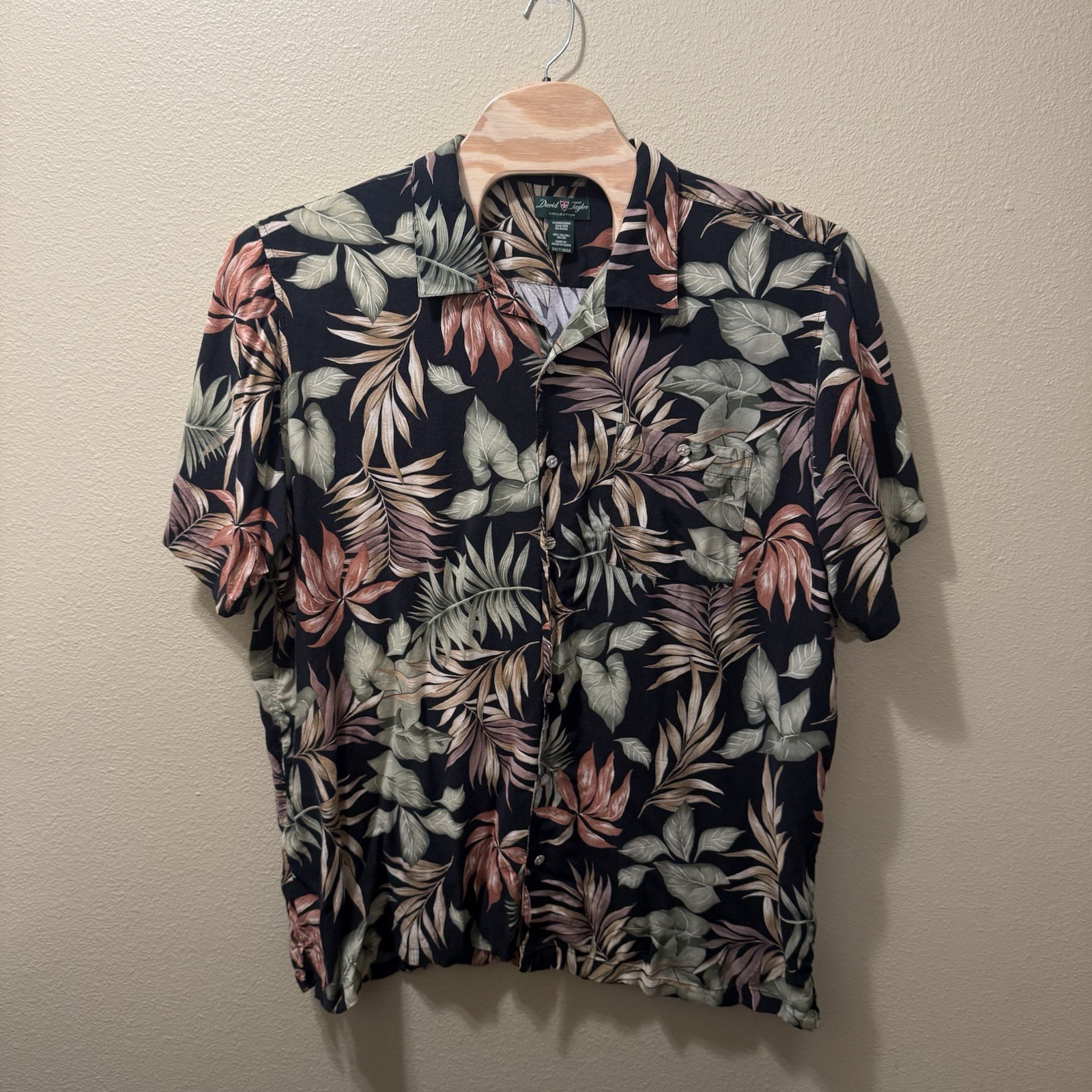 Men’s 3XLT David Taylor Black Multicolor Palm Leaves Hawaiian Button Up Shirt