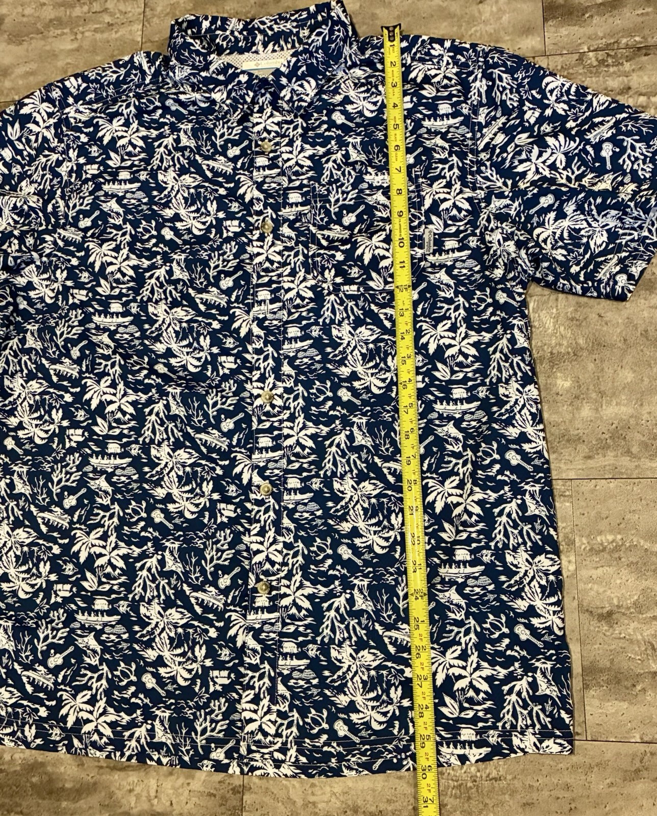 Columbia PFG Super Slack Tide Camp Shirt Mens Large Blue Fishing Ocean AOP