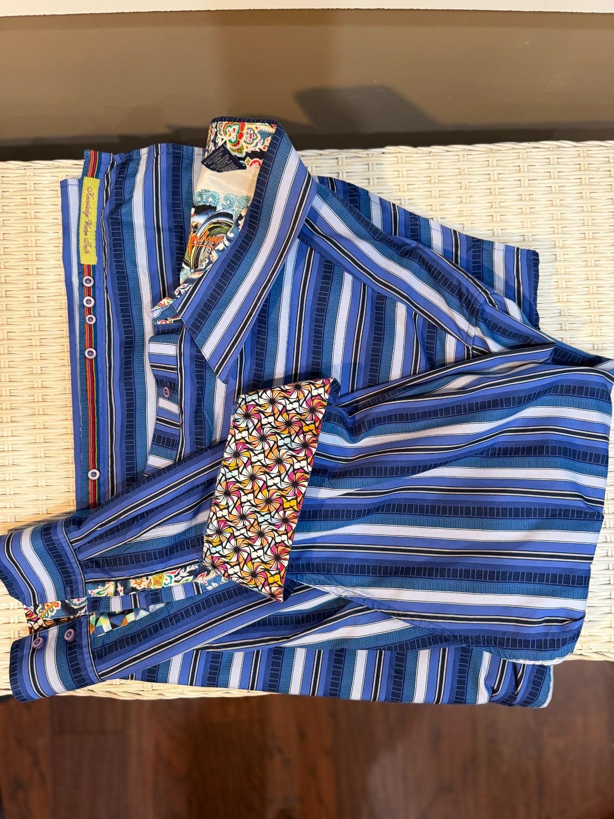 Robert Graham 5XLB Blue Striped Flip Cuff Long Sleeve Shirt Men’s Embroidered