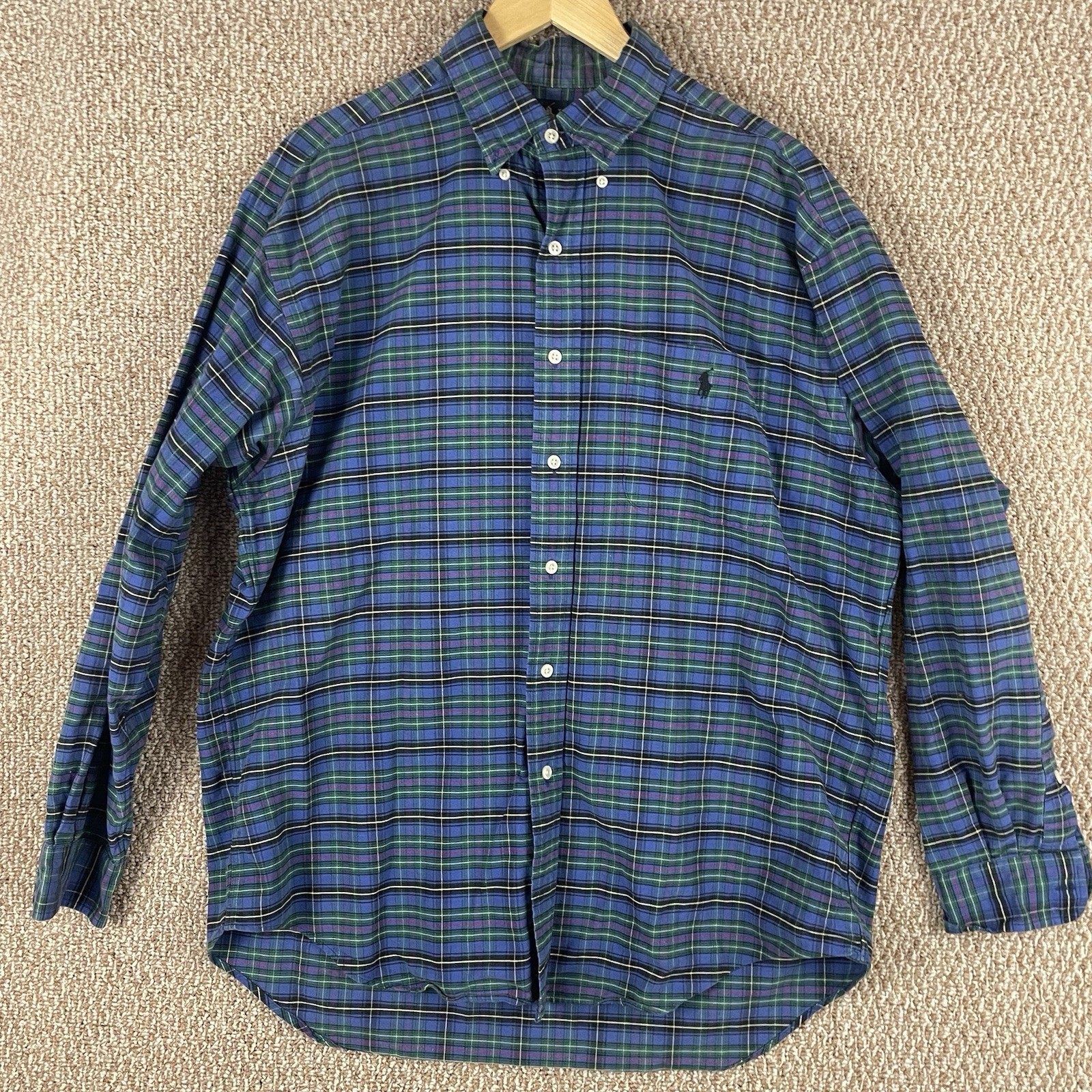 VTG Ralph Lauren Polo Oxford Big Shirt Men M Green Red Blue Long Sleeve 90s T425