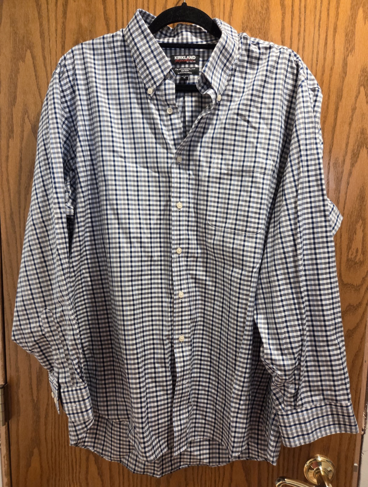 Kirkland Signature XL 17.5 34/35 Blue Plaid Non-Iron Dress Shirt Traditional Fit