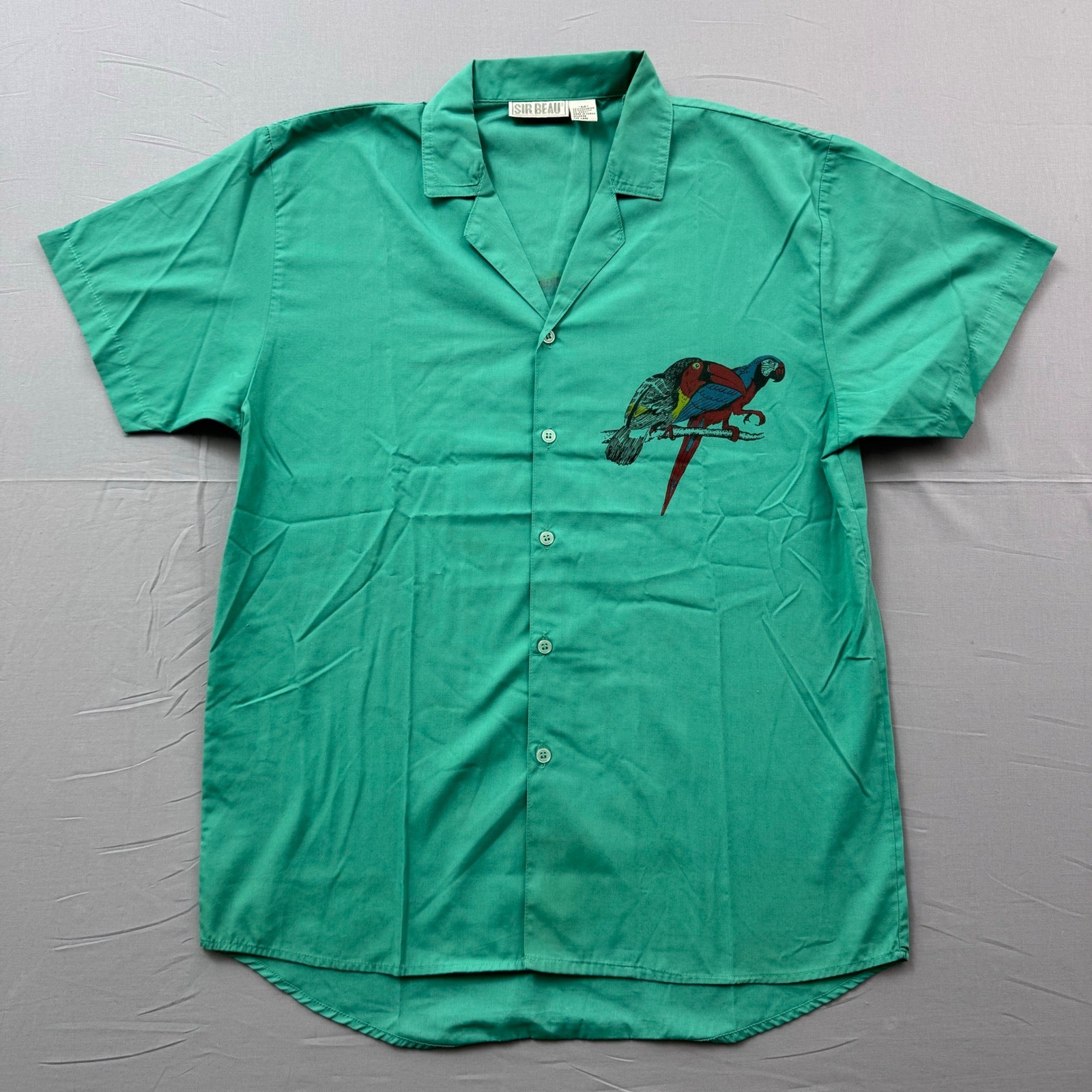 Sir Beau Vintage Teal Green Parrot Graphic Short Sleeve Button Up Shirt Mens M