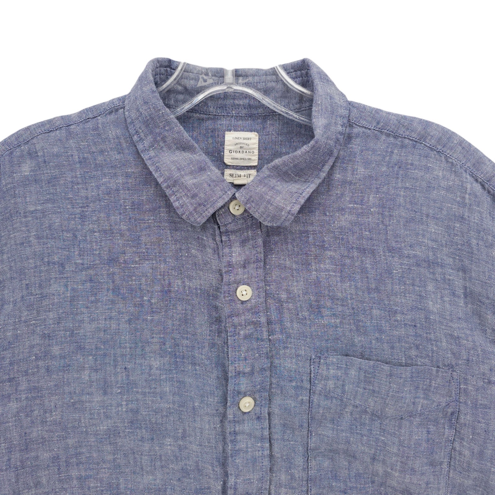 GIORDANO 100% Linen Shirt Blue Woven SLIM FIT Long Sleeve Button Up Men’s LARGE