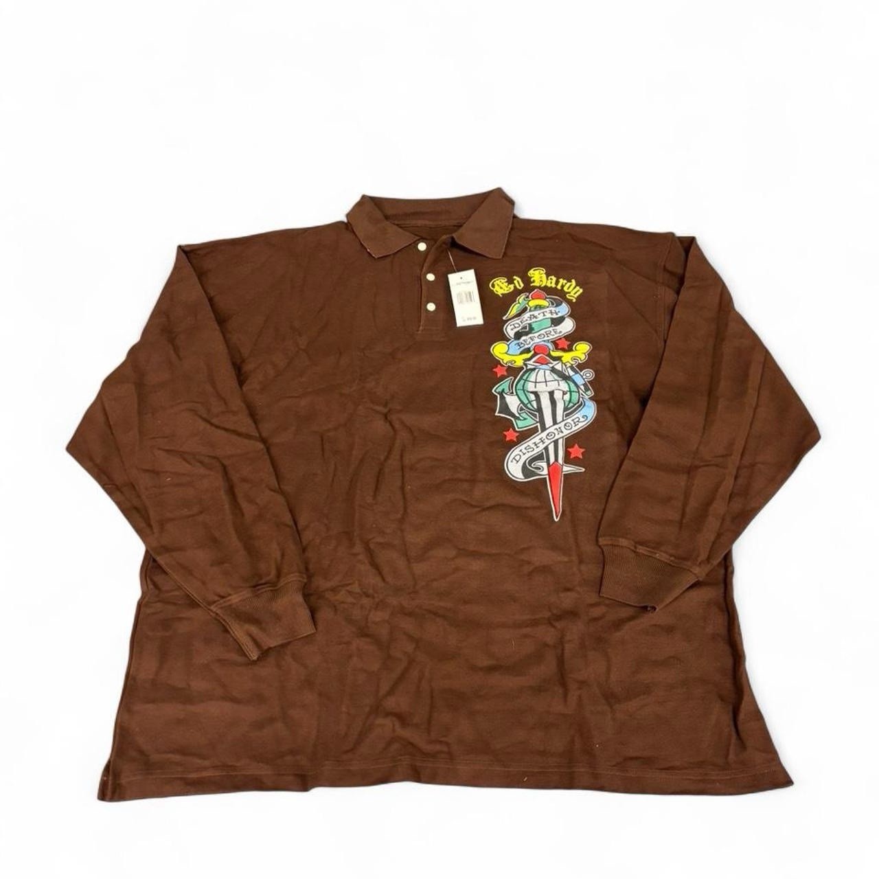 Y2K Ed Hardy Death Before Dishonor Polo Longsleeve shirt brown Tattoo Goth 5XL