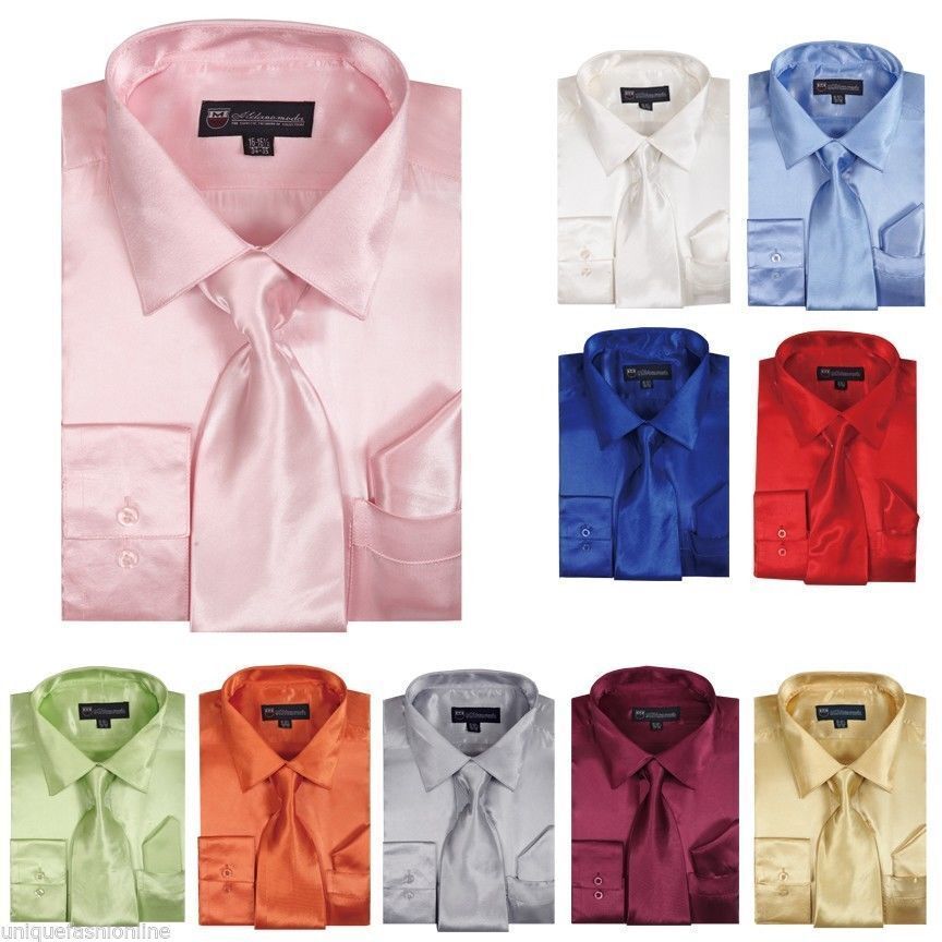 Men’s Fashion Shiny Satin Dress Shirt With Tie And Handkerchief 10 colors SG08