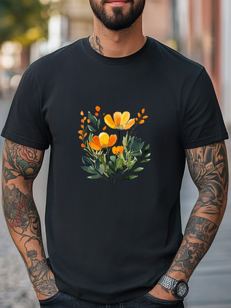Floral Watercolor Yellow Flowers Botanical Graphic T-Shirt Men Women Unisex Tee