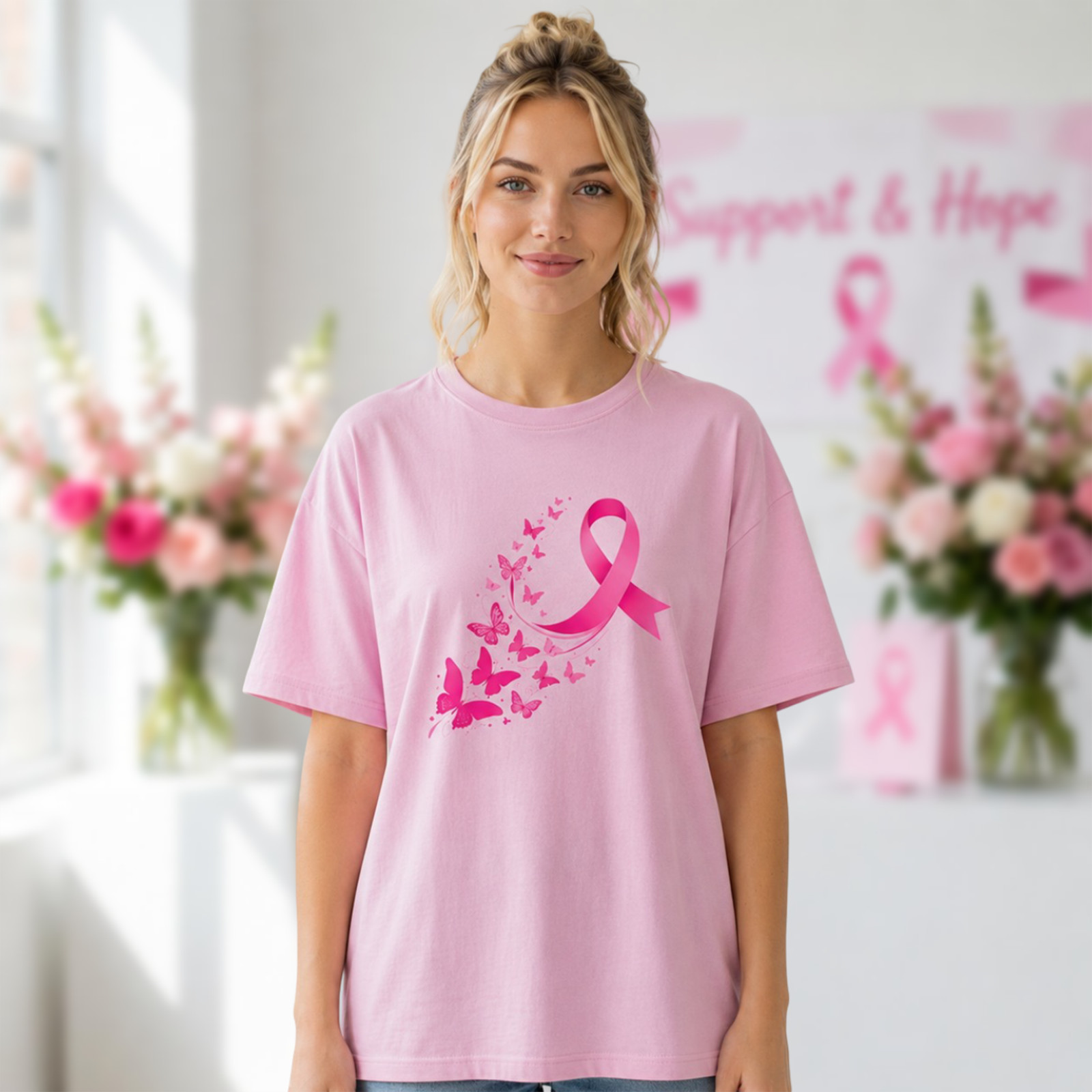 Breast Cancer Awareness Pink Ribbon Butterfly Women T Shirt