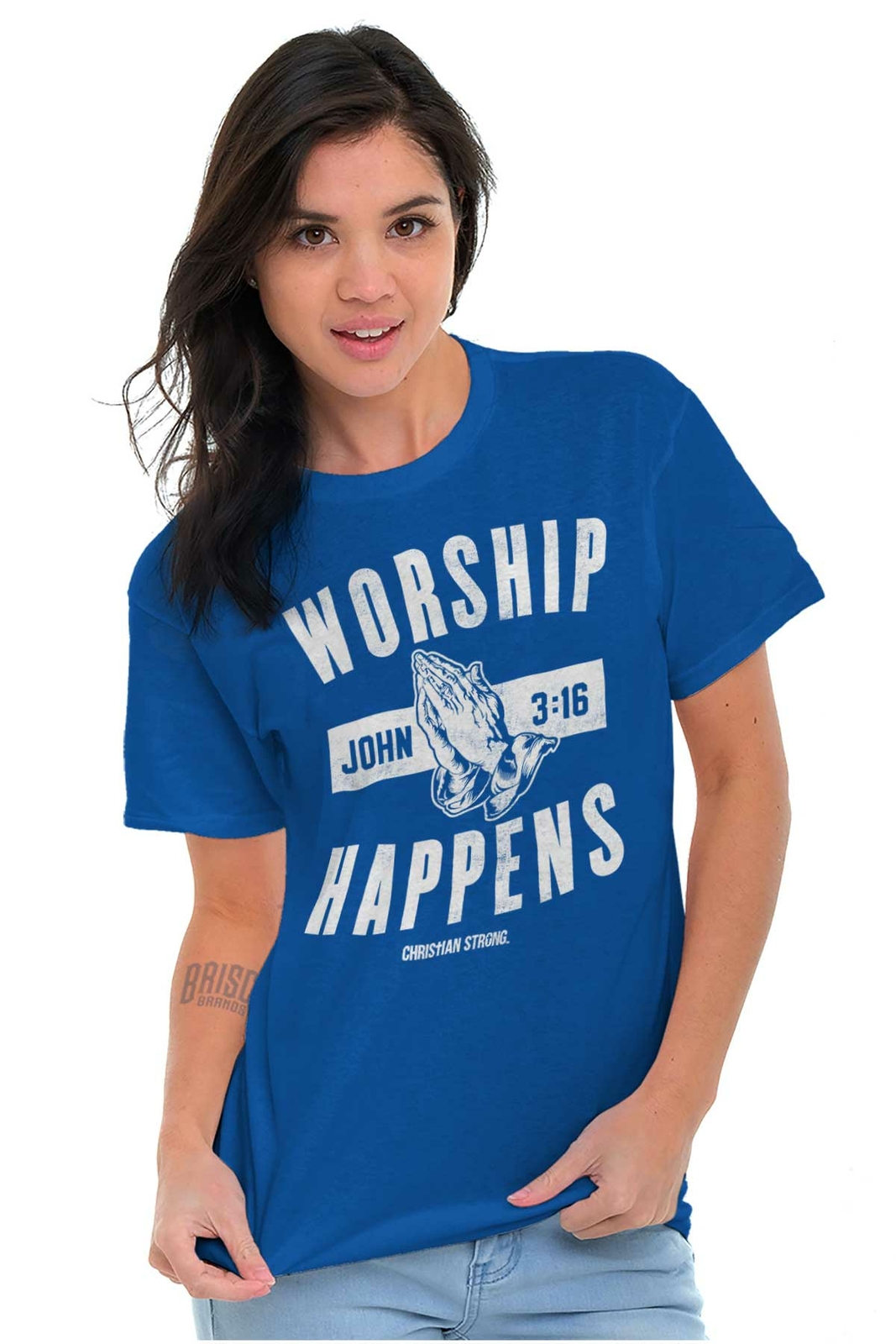 Christian Strong Faith Pray Worship Happens Womens or Mens Crewneck T Shirt Tee