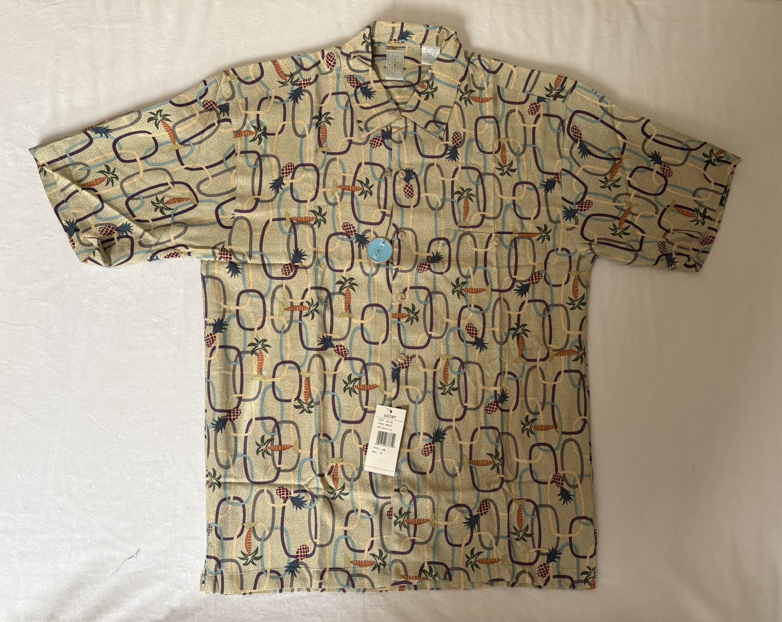 NWT Burma Bibas Men’s S 100% Silk hawaiian button down shirt Retro Pineapple Mod