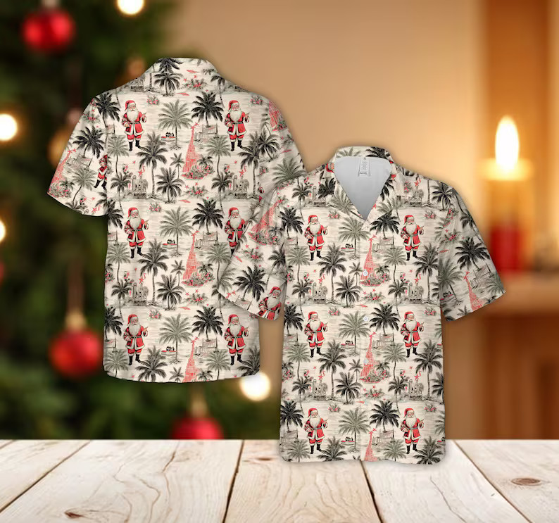 Tropical Christmas Santa Hawaiian Shirt, Summer Beach Christmas Palm Tree Button
