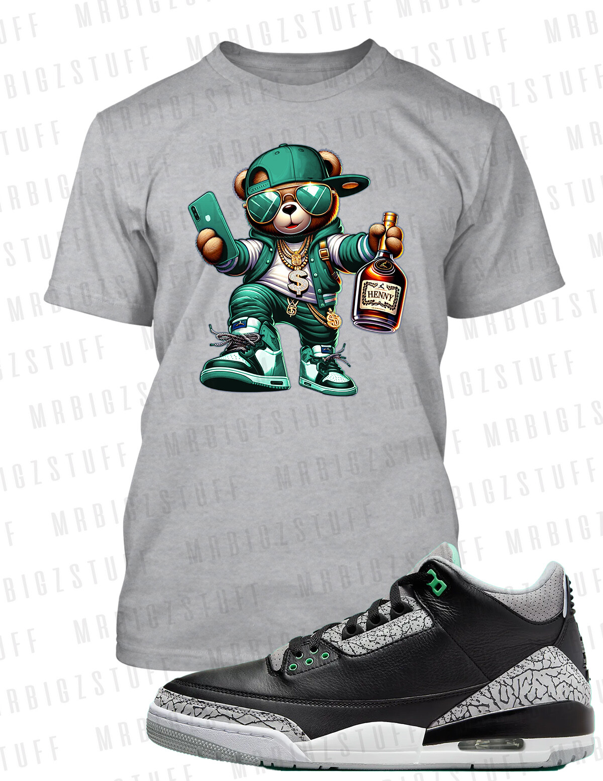 Henny Bear Streetwear Pro Club Shaka Tee to Match J3 Green Glow Sneaker Hip Hop