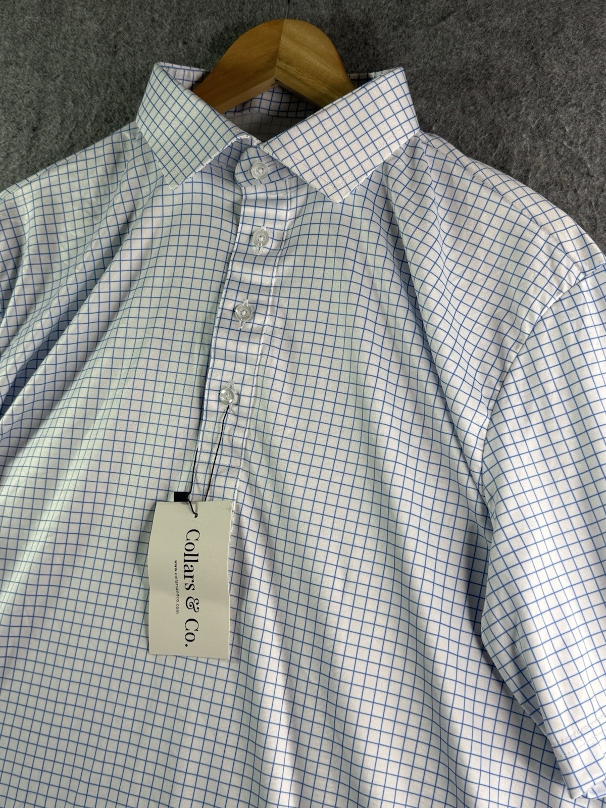 Collars & Co Polo Shirt Mens Large Relaxed Blue & White Check Dress Collar NWT