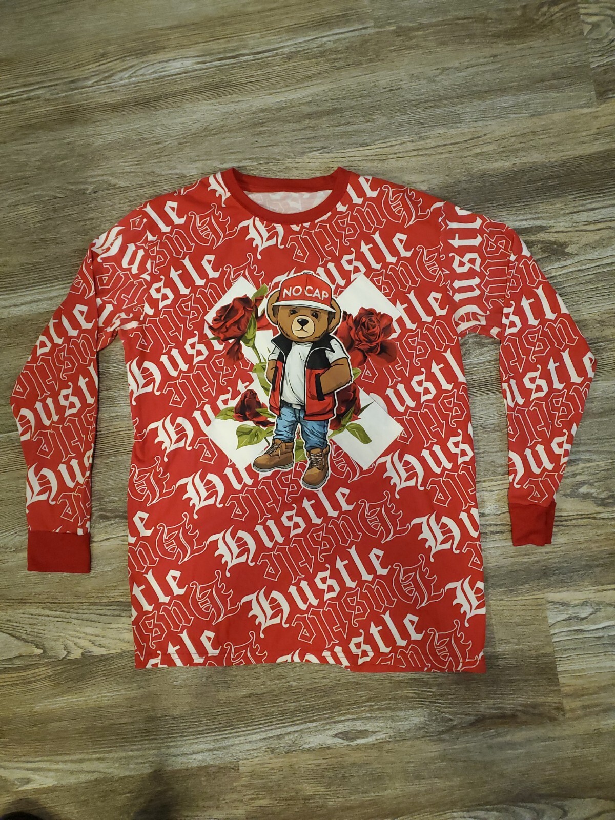 OG Hustle NO CAP Bear Bailey Apparel All Over Graphic Long Sleeve T-Shirt L
